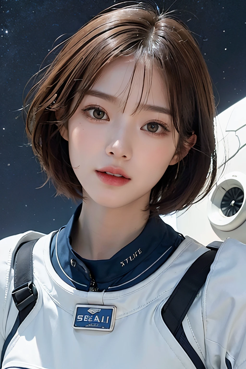 top-quality、​masterpiece、超A high resolution、(realisitic:1.4)、Beautuful Women１、Beautiful detail eyes and skin、ssmile、Light brown short-cut hair、The perfect spacesuit、spaceships、cosmic space、iced&Snow Planet、cloudy ash sky、weak sunshine、