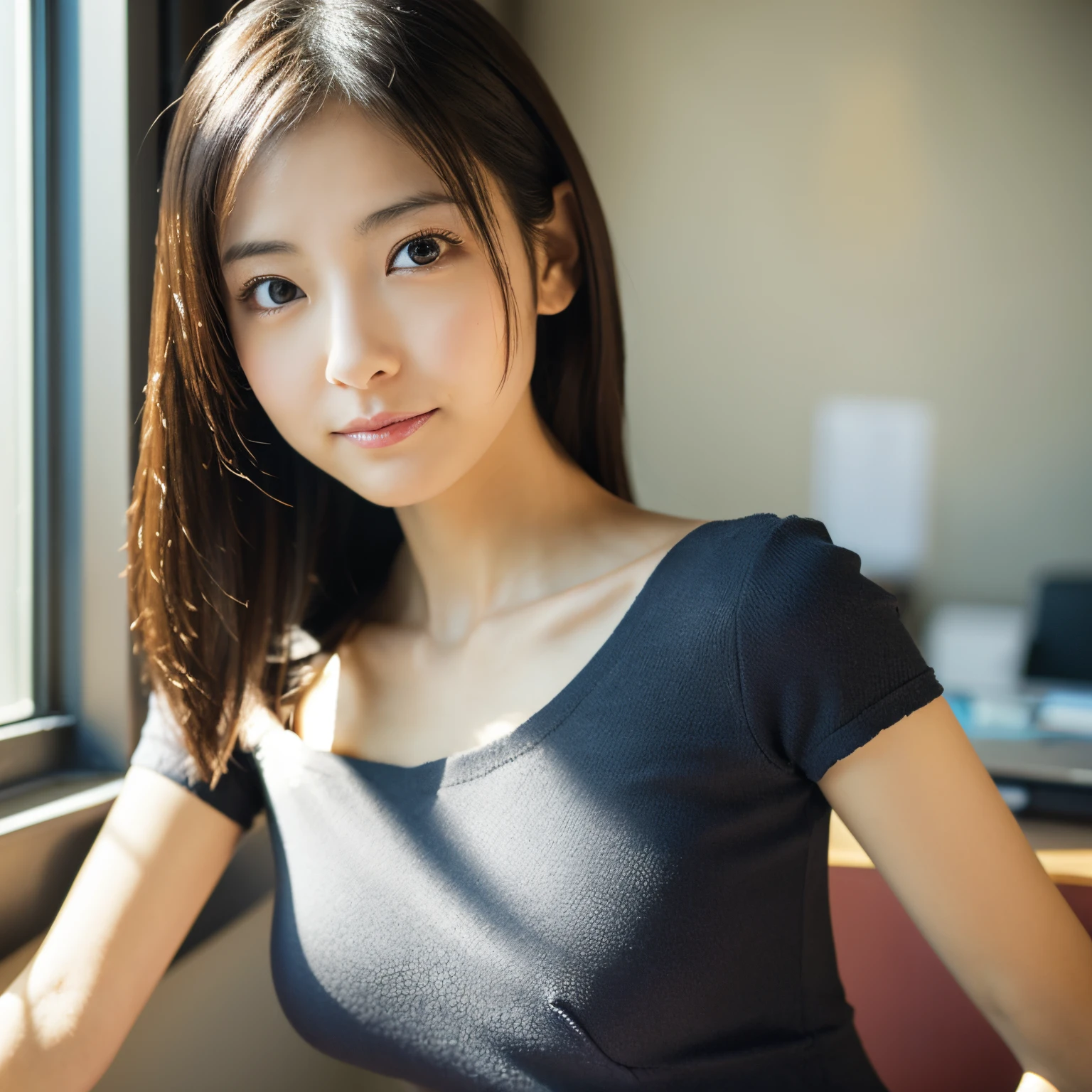 Best quality, intricate details, Japanese lady, cute face, random facial expression, sitting pose, looking at viewer, in an office, random background, random hair style, skinny figure, very small breasts, emphasize very thin waist, lovely body line, wearing a tight knit dress with random design
