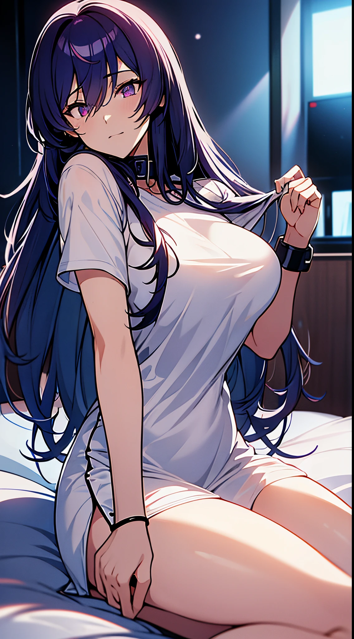 kusanagi motoko, anime《Fantasma na Concha》Curly, kusanagi, Misato Katsuragi, Inspired by Morikage Hisumi, anime, Fantasma na Concha, Ghost in the Shell style, Lie down in bed,(Highest high resolution,distinct_image)Best quality at best, woman, tmasterpiece, highly detailed, Half realistic, Transparent Oversized T-Shirt,exposing her chest, shirt pulling, The collar is around the neck, inside in room, Modern bedroom, janelas, waking up, morning, Be red in the face