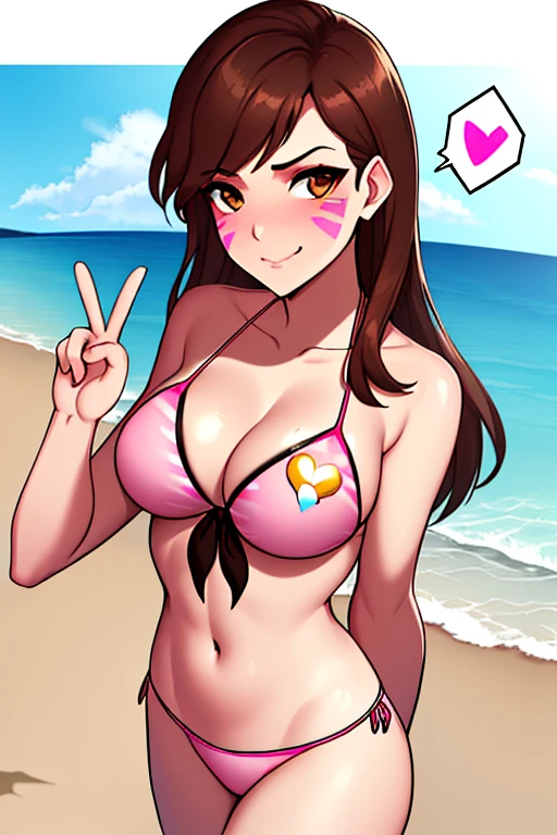 best quality, 1girl, brown hair, brown eyes, medium breasts, front tie bikini top, (blue, pink and white bikini), arm behind back, peace sign, arrogant smile, sun, on beach, spoken heart, (face paint:0.9), Deeva \(overwatch 1 version\), no headwear,
