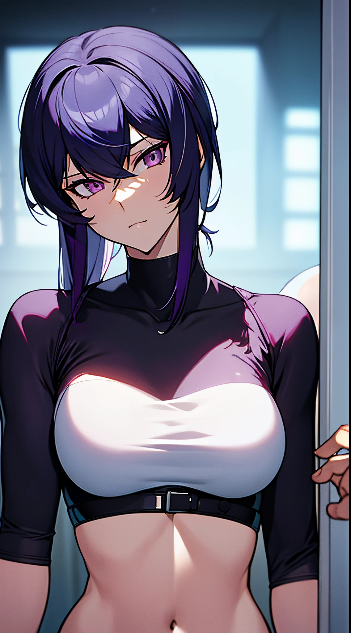 kusanagi motoko, Purple colored hair, red eyes,Wear black leggings，Taking photos by the door, The head is not exposed，Wearing half-sleeves on the upper body，anime《Fantasma na Concha》Curly, kusanagi, Misato Katsuragi, Inspired by Morikage Hisumi, anime, Fantasma na Concha, Ghost in the Shell style, Lie down in bed， 4K realism ]!!, [ 4K realism ]!!!, [ 4K digital art ]!!, Realistic shadow perfect body, realistically!!!!!!! art-style, photorealistic anime, by Shitao, Popular topics on cgstation, Casual pose, realistic anime 3D style