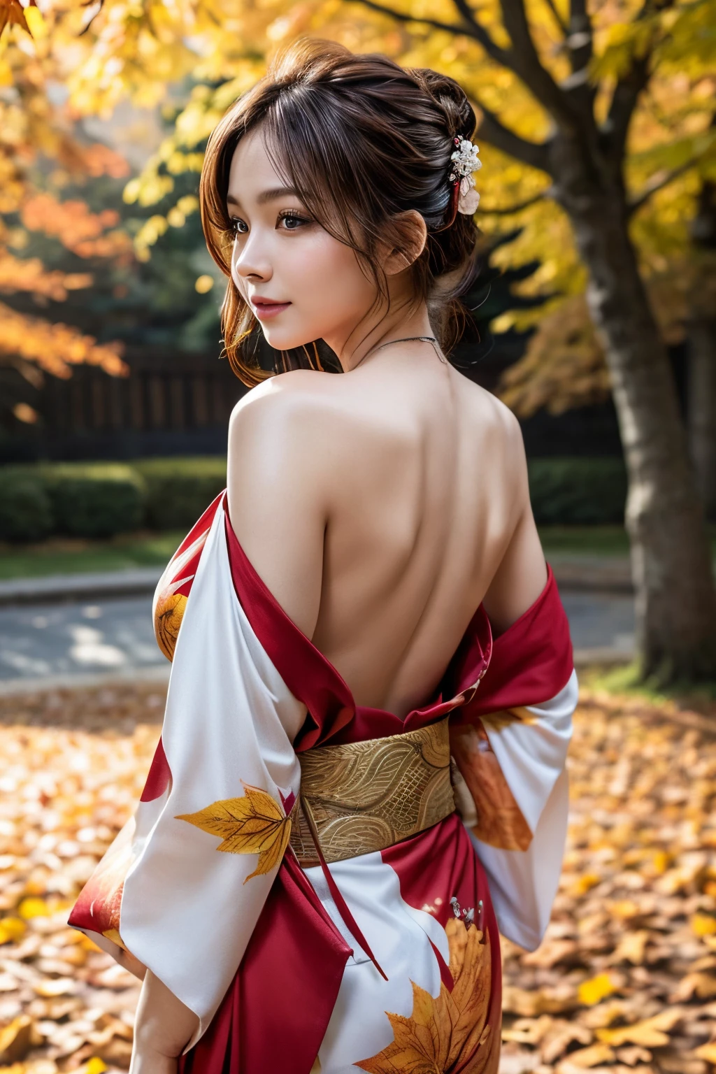 (masutepiece:1.3, Photorealsitic:1.4, 8K), top-quality, masterpiece, 超A high resolution, Perfect dynamic composition, Professional camera work, Highly detailed skin and facial texture:1.3, A detailed eye, Detailed limbs, autumnal, Autumn leaves landscape in the evening:1.2, 1girl in, Cute sexy 23 year old slim woman, Fair skin, Autumn leaves are dancing:1.2, (Enraptured look:0.9, Totally captivates you:1.0), (Red kimono:1.31 Only shoulders and back exposed Beautiful back), (Backshots, Calm pose), (voluptuous breasts:0.9), (Beautiful blue eyes, Eyes that feel beautiful eros:0.85), Sexy face:0.4, (A mouthfeel that feels beautiful eros:0.85), ((Too cute beauty:0.9))