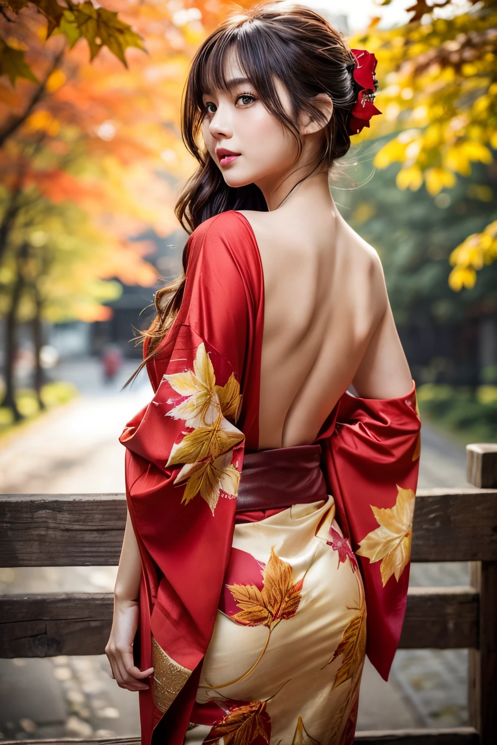 (masutepiece:1.3, Photorealsitic:1.4, 8K), top-quality, masterpiece, 超A high resolution, Perfect dynamic composition, Professional camera work, Highly detailed skin and facial texture:1.3, A detailed eye, Detailed limbs, autumnal, Autumn leaves landscape in the evening:1.2, 1girl in, Cute sexy 23 year old slim woman, Fair skin, Autumn leaves are dancing:1.2, (Enraptured look:0.9, Totally captivates you:1.0), (Red kimono:1.31 Only shoulders and back exposed Beautiful back), (Backshots, Calm pose), (voluptuous breasts:0.9), (Beautiful blue eyes, Eyes that feel beautiful eros:0.85), Sexy face:0.4, (A mouthfeel that feels beautiful eros:0.85), ((Too cute beauty:0.9))