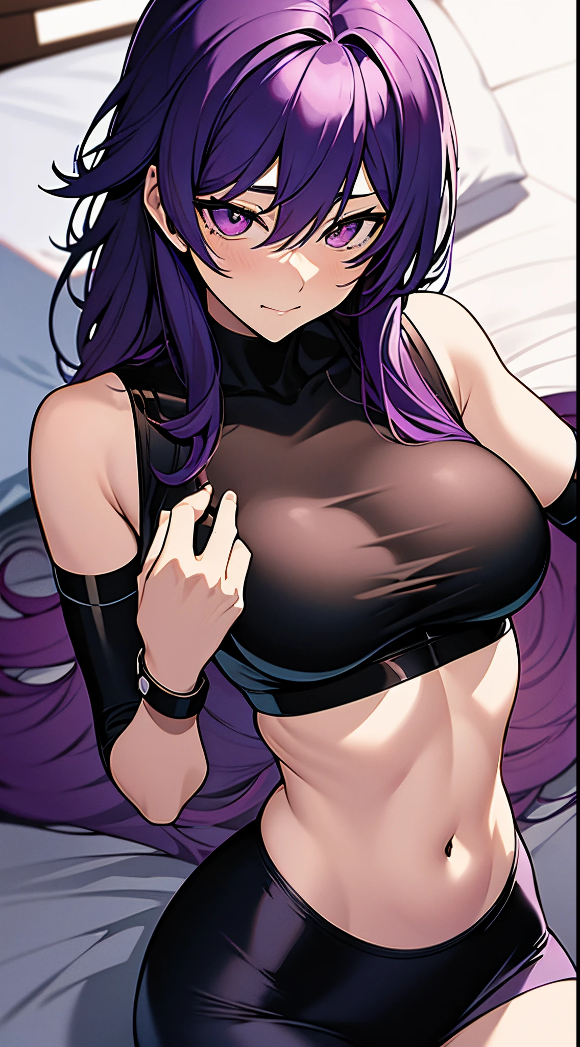 kusanagi motoko, Purple colored hair, red eyes,Wear black leggings，anime《Fantasma na Concha》Curly, kusanagi, Misato Katsuragi, Inspired by Morikage Hisumi, anime, Fantasma na Concha, Ghost in the Shell style, Lie down in bed， 4K realism ]!!, [ 4K realism ]!!!, [ 4K digital art ]!!, Realistic shadow perfect body, realistically!!!!!!! art-style, photorealistic anime, by Shitao, Popular topics on cgstation, Casual pose, realistic anime 3D style