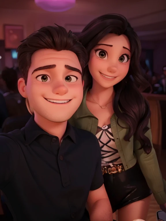 The image shows a man and a woman posing for a selfie. They are both smiling and appear to be having a good time. The setting seems to be indoors, potentially at a nightclub.
