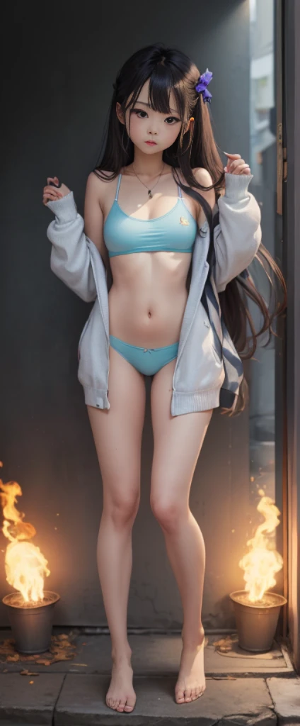 (tmasterpiece, Best quality at best, A high resolution:1.4), Wallpapers, full body female fetish, 1 plump girl, Long gray hair, (Blue hair:1.0),The color hair (black hair color hair:1.0), Green-eyed, Hair color, Gradient hair,, facing sideways, bathrobe , fire works, natta, hair pin, through bangs,fully body photo,比基尼