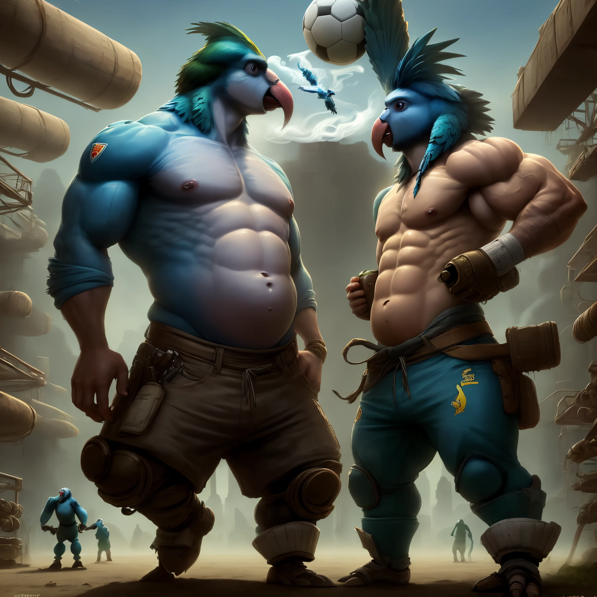Muscular, pot-bellied humanoid parakeet, con tarros de cerveza, fumando y jugando soccer