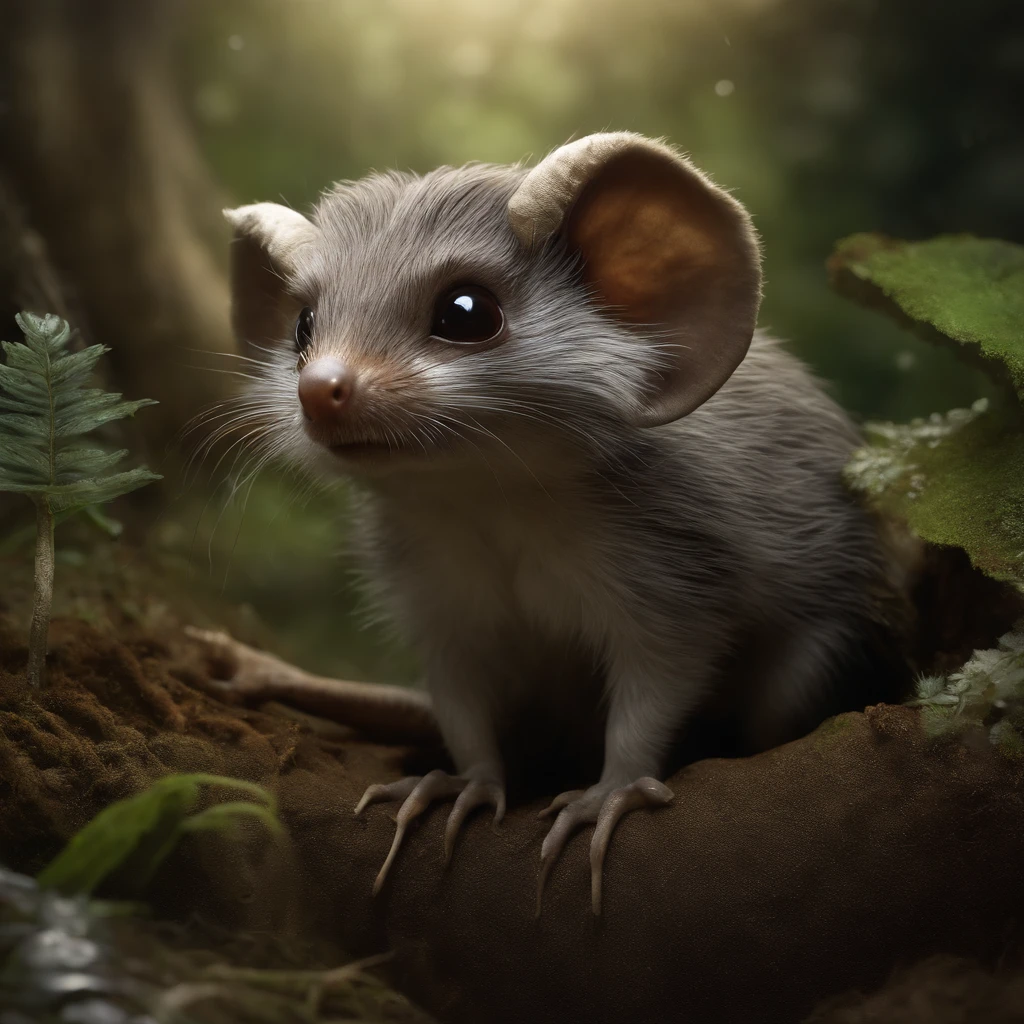 gremlin, mole-like, bright silver and brown, long tail, large ears, covered with silver fur, water, Burrow, tree roots stick out from the walls in the hole, mushrooms sticking out of the ground, Best Quality, Masterpiece, in style of dark fantasy art,