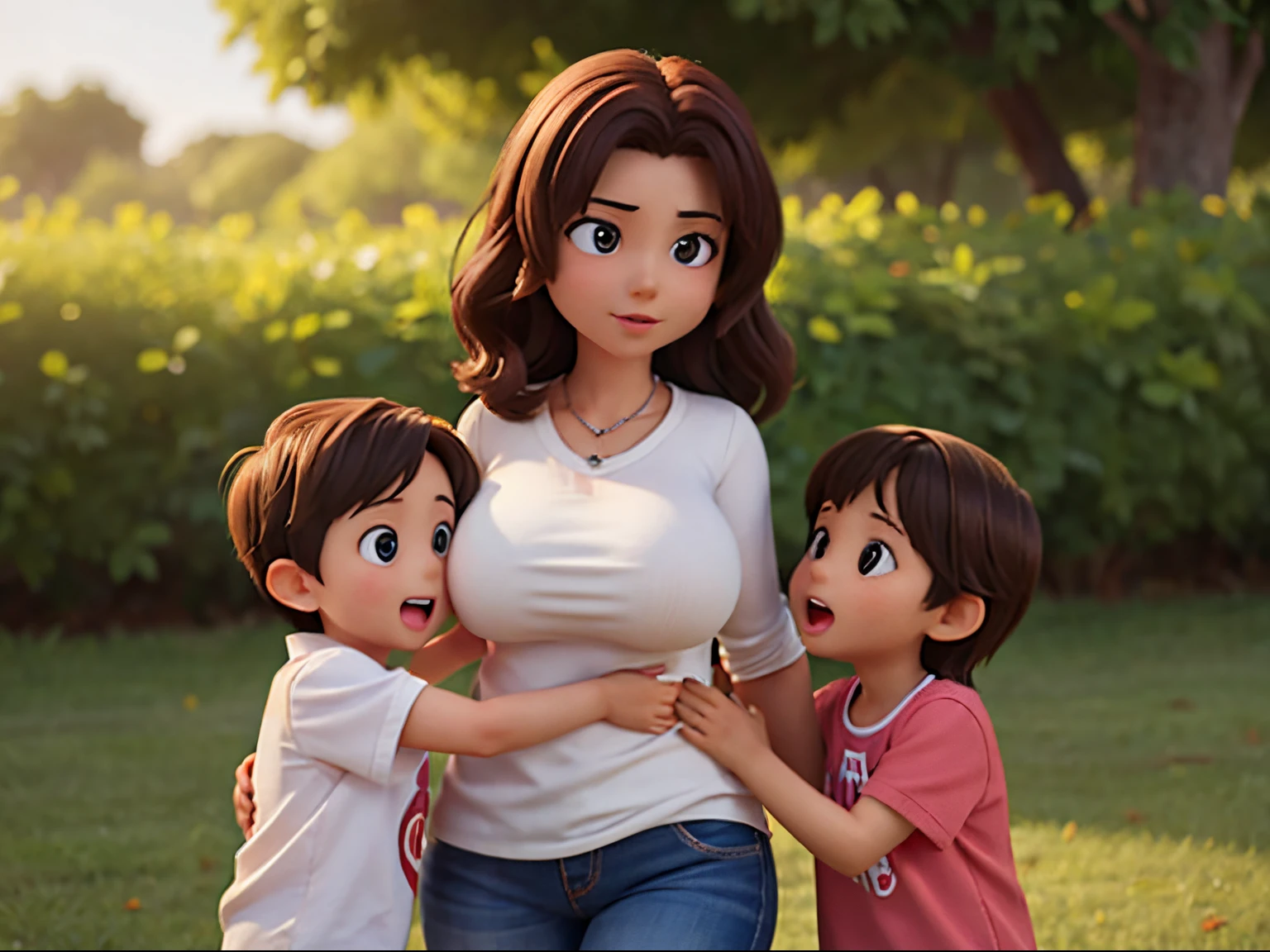two touching their mom's breasts