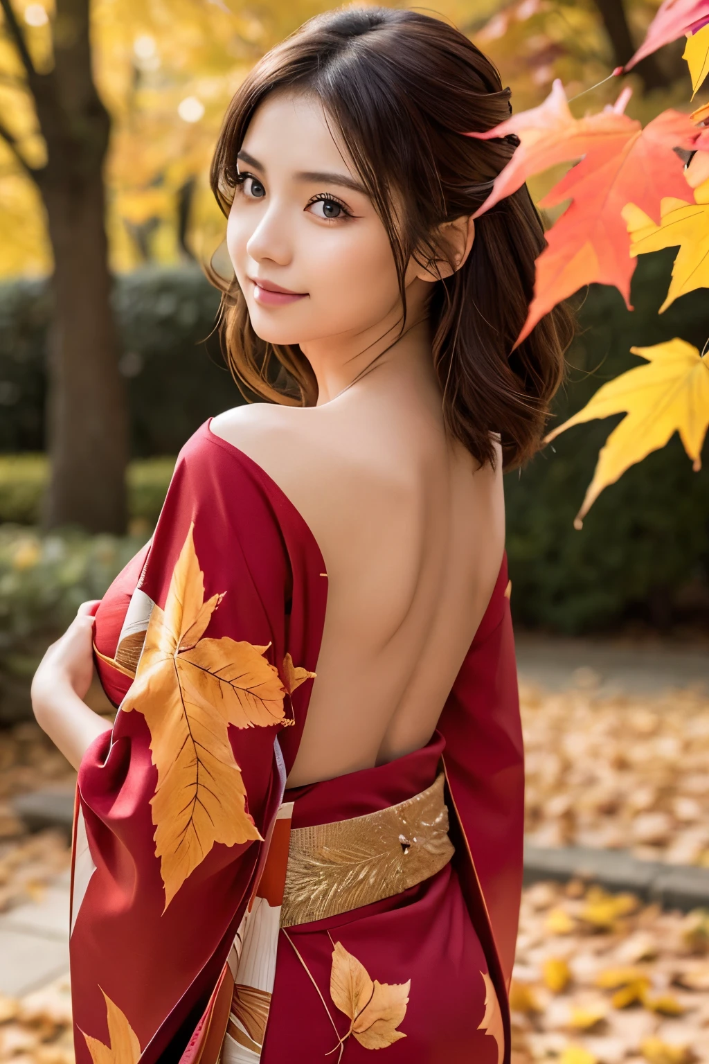 (masutepiece:1.3, Photorealsitic:1.4, 8K), top-quality, masterpiece, 超A high resolution, Perfect dynamic composition, Professional camera work, Highly detailed skin and facial texture:1.3, A detailed eye, Detailed limbs, autumnal, Autumn leaves landscape in the evening:1.2, 1girl in, Cute sexy 23 year old slim woman, Fair skin, Autumn leaves are dancing:1.2, (Enraptured look:0.9, Totally captivates you:1.0), (Red kimono:1.31 Only shoulders and back exposed Beautiful back), (Backshots, Calm pose), (voluptuous breasts:0.9), (Beautiful blue eyes, Eyes that feel beautiful eros:0.85), Sexy face:0.4, (A mouthfeel that feels beautiful eros:0.85), ((Too cute beauty:0.9))