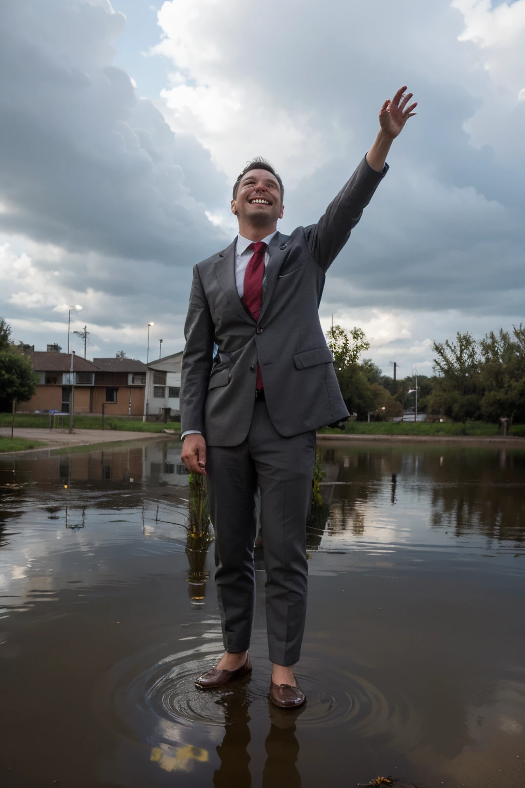Full body 3/4 profile shot of 1 man, man has arms stretched out wide, smiles at sky, stratus gray clouds, light rain, man wears a suit with a red tie, man stands in a puddle that reflects the sky