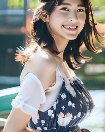 8K、(​masterpiece)、top-quality、cute smile face、Ultra Real 8K、erfect artwork、cute smile face、1 girl in、bangss、Hair Bow、Bare_shoulders、realisitic、huge-breasted、breastsout、tits out、splash water、outside of house、A sexy、flashy heart-print shorts、Black hair fluttering in the wind、a navel、wet​、kneeking、looking at the viewers、On the boat、bow ribbon、独奏、solofocus、((nostalgia、Japanese ido