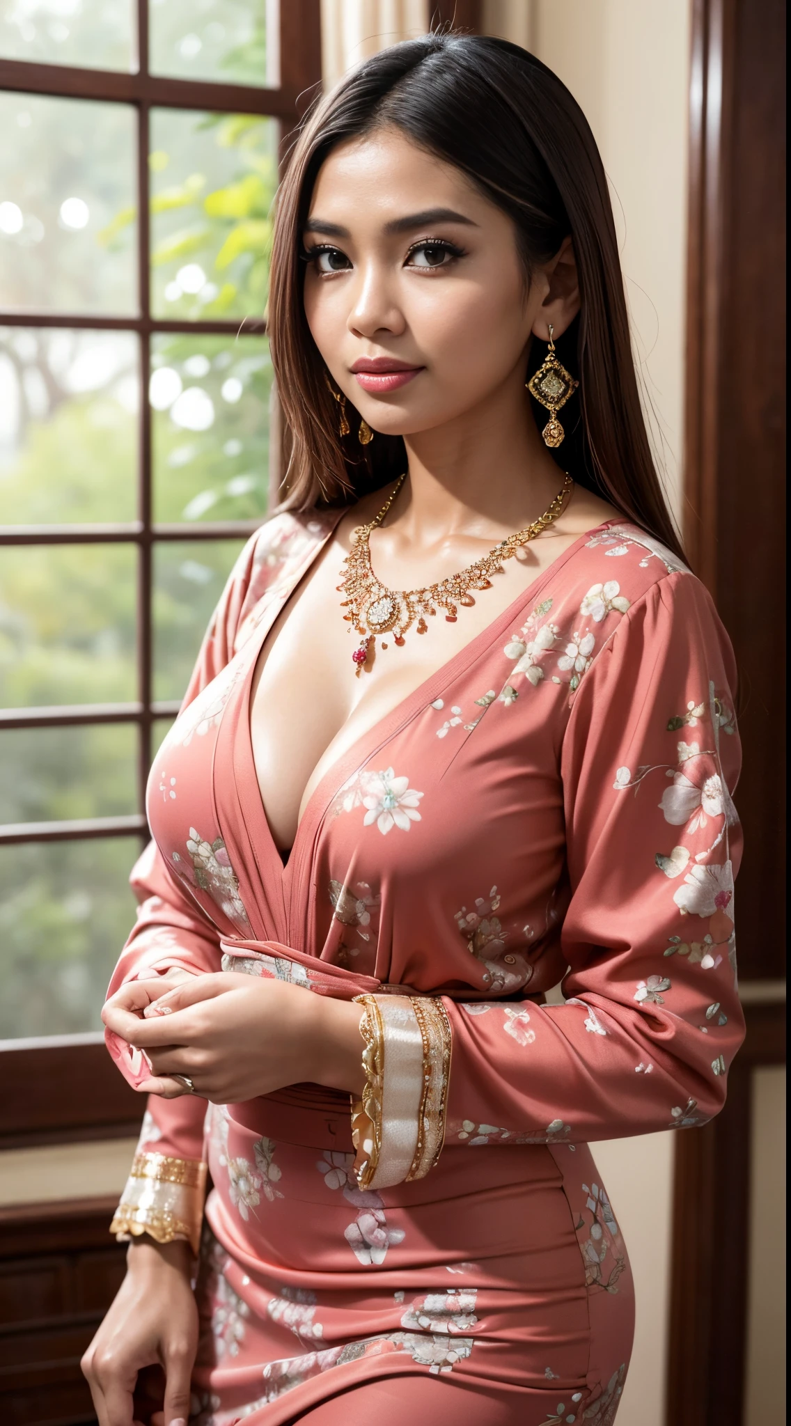 RAW, Best quality, high resolution, masterpiece: 1.3), beautiful Malay woman (iu:0.8)1beautiful Malay woman ,beautiful face, watery eyes, perfect lips, big eyes, wearing (long sleeves, vintage dress, floral, red)), accessories ((diamond necklace)), gigantic breast, large breast, big boobs, classic house, soft smiling,