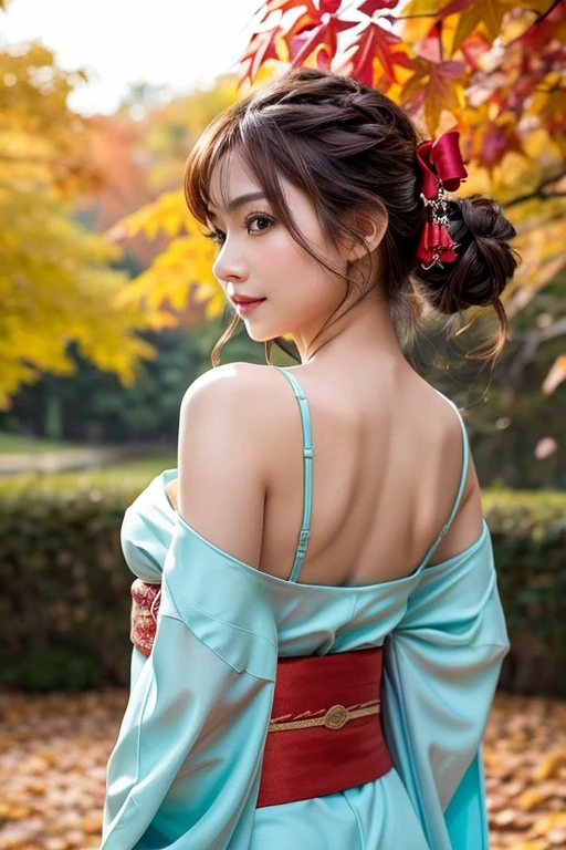 (masutepiece:1.3, Photorealsitic:1.4, 8K), top-quality, ​masterpiece, 超A high resolution, Perfect dynamic composition, Professional camera work, Highly detailed skin and facial texture:1.3, A detailed eye, Detailed limbs, autumnal, Autumn leaves landscape in the evening:1.2, 1girl in, Cute sexy 23 year old slim woman, Fair skin, Autumn leaves are dancing:1.2, (Enraptured look:0.9, Totally captivates you:1.0), (Red kimono:1.31 Only shoulders and back exposed Beautiful back), (Backshots, Calm pose), (voluptuous breasts:0.9), (Beautiful blue eyes, Eyes that feel beautiful eros:0.85), Sexy face:0.4, (A mouthfeel that feels beautiful eros:0.85), ((Too cute beauty:0.9))