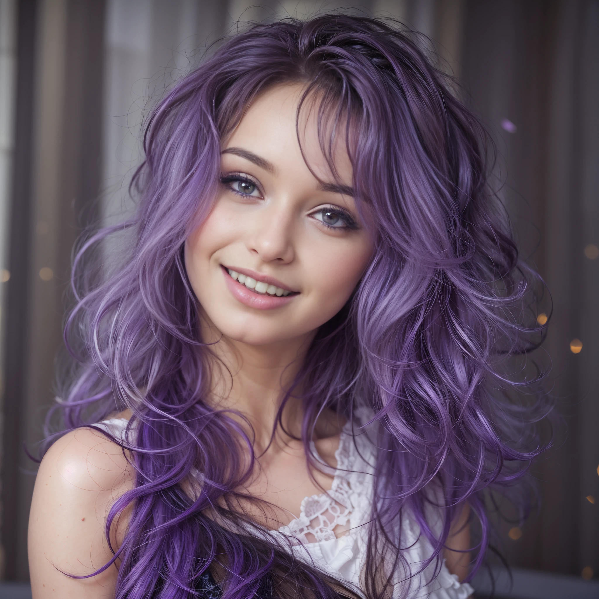best quality, high quality, a cute girl, solo, beautiful purple hair, beautiful purple eyes, light smile,renatadaninsky