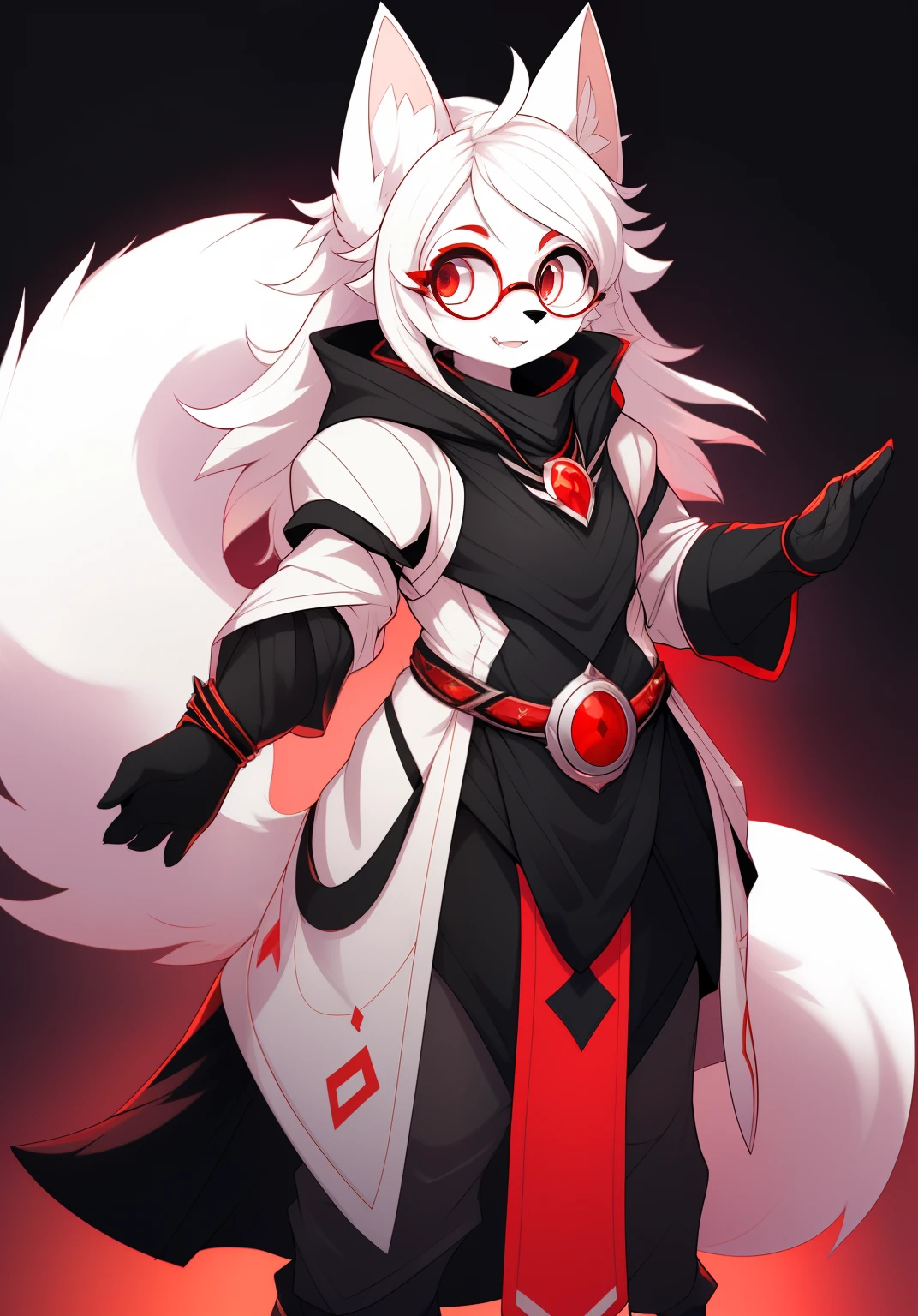 anthro, mommy female white fox, solo, long white hair, red eyes, fangs, full body, one big tail, dark background. dark priest with balck and red cloack, third eye on forehead, round glasses, full body