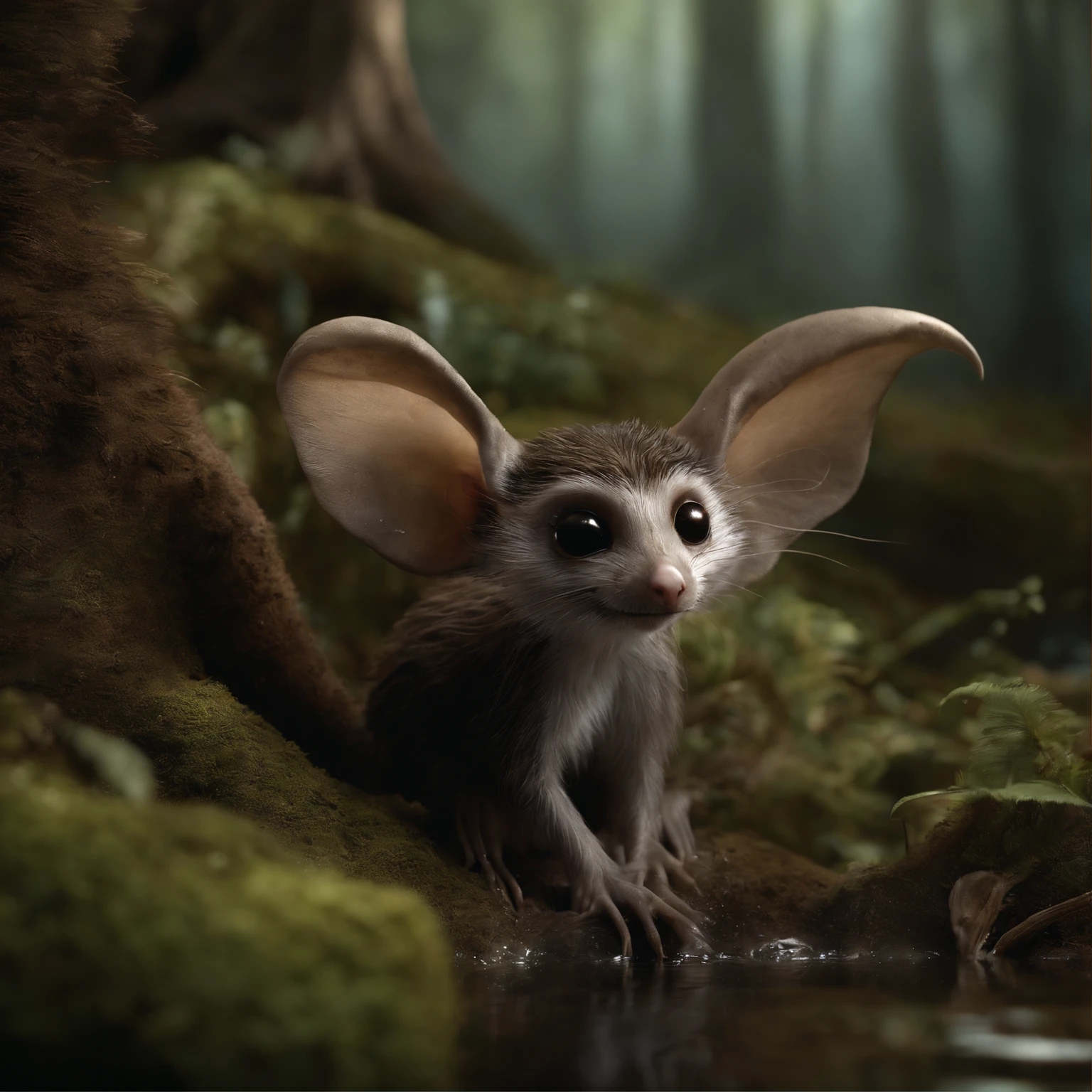 gremlin, mole-like, bright silver and brown, long tail, large ears, covered with silver fur, water, Burrow, tree roots stick out from the walls in the hole, mushrooms sticking out of the ground, Best Quality, Masterpiece, in style of dark fantasy art,