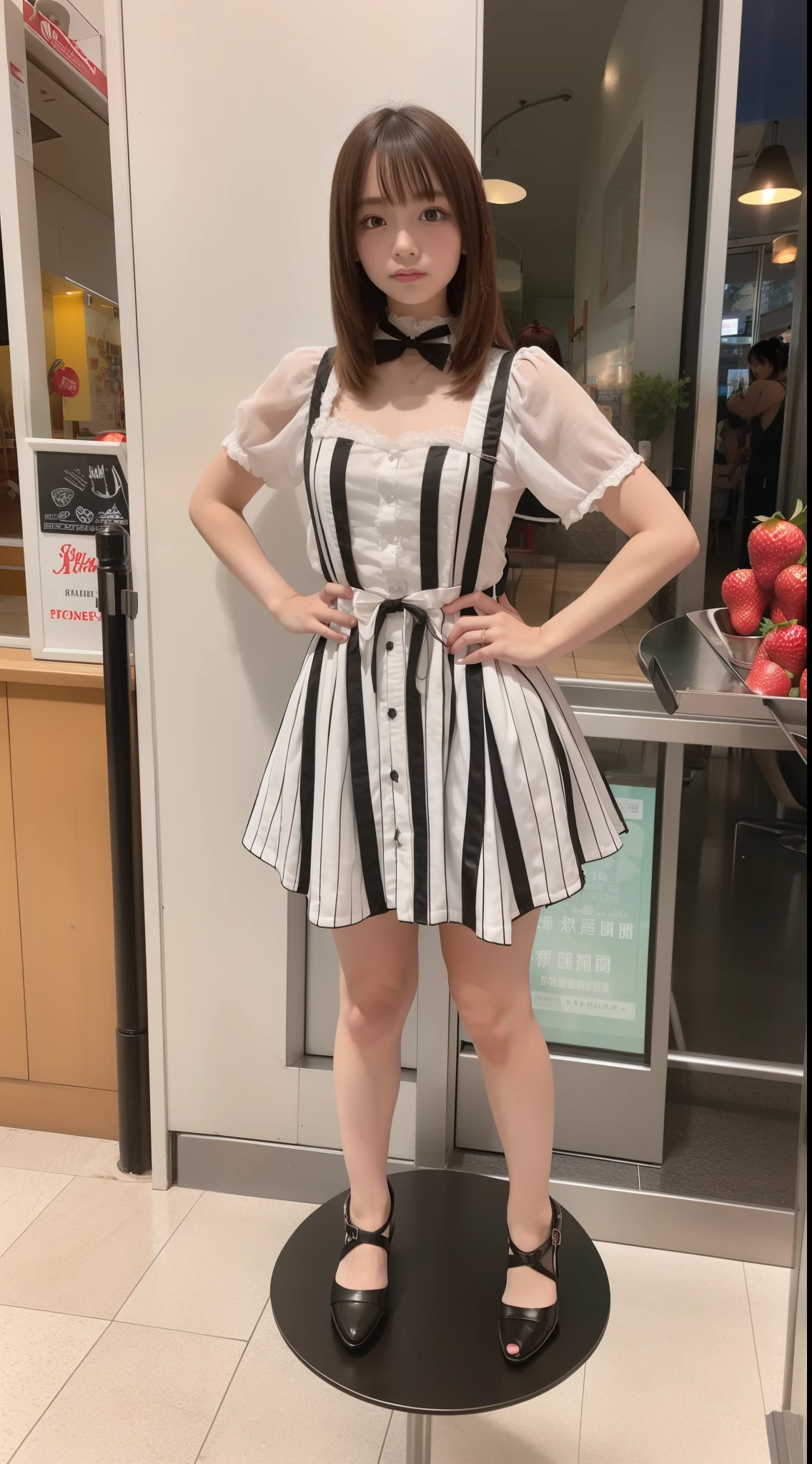 promo photo, The place is a seaside cafeteria,1 girl, 16-year-old face, waitresses, Red-headed twin-tailed, Gentle face, Gothic ta half costume and maid costume with strawberry image, Clothes based on white,