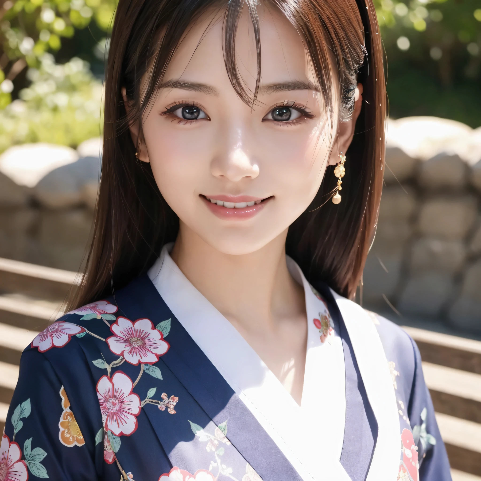 Beautiful woman in neat Japanese clothes、((best qualtiy、8k masterpieces:1.3))、foco nítido:1.2、(ultra beautiful faces:1.0)、(shinny skin:1.0)、photos realistic、A dark-haired、Video Lighting、High-definition eyes and face、Video Lighting、Japan Idol Actress、from the front side、medium breasts、Smile、Slender Abs Beauty、Whole body、In furisode