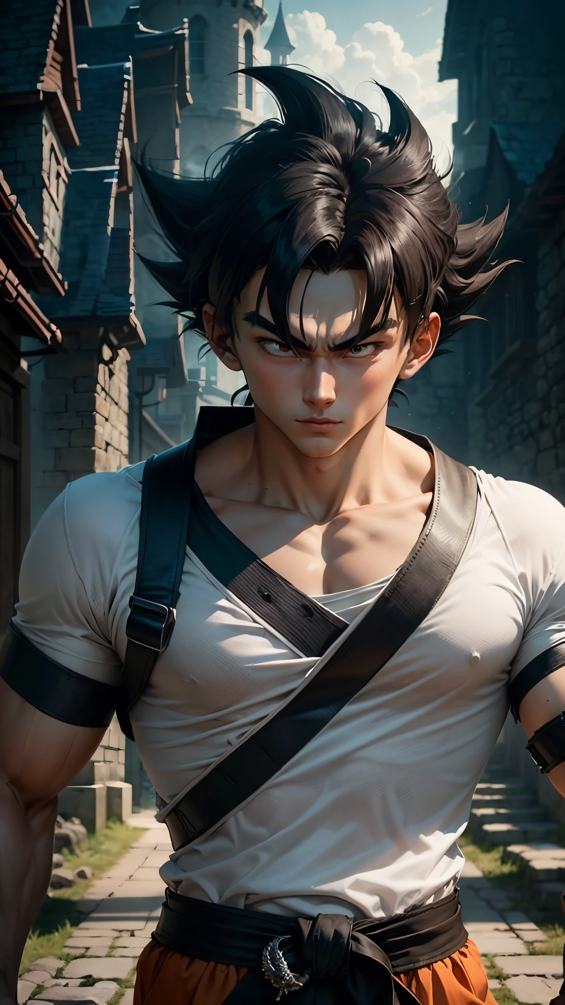 A 20-year-old goku, wearing a white shirt and black belt, is a character from the Dragon Ball series. Dark old castle landscape. Standard body, finger drawing, beautiful double eyelids, handsome face, gliulian art style, highly detailed official artwork, jin shan, official art