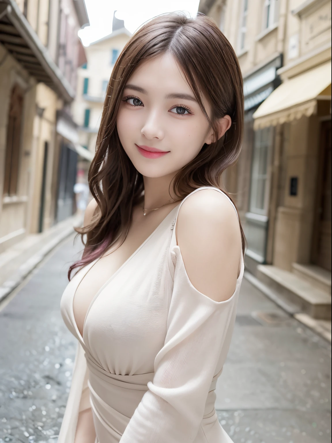 ((top-quality、​masterpiece:1.3))、、1 female:2.0、Colossal tits:1.3、Slender body type:1.1、Toned abs、Brown hair、Detailed lips、detailedeyes、二重まぶた、blue eyess、wide Shots、(Raw photography、top-quality)、(realisitic、Photorealsitic:1.3)、top-quality、​masterpiece、extremely delicate and beautiful、extremely details CG、 absurderes、A smile、Erotic face、frontage、Fours、Slouched、Clothes with open chest、Strong smile、model poses、Cute side shot of 21 year old +Shy + Gorgeous French-Albanian schoolgirl、god rays、Shot with AFGA Vista 400::2.0 、Photos of the atmosphere in the style of Eric Madigan Heck and Arthur Elgort、Laugh with your mouth wide open:3.0、Slouched、Nokezoru、Long pink hair、red highlights、Hair above one eye、耳Nipple Ring、a choker、Fluffy dresses with sleeves、((opened dress))、Brick wall、doodle、Dim lighting、alleyway、looking at the spectator、 ((Meaning、魅惑的、enticing))、((Daytime background))、((ssmile))、((model poses))、goldenhair、resturant、Eating、
