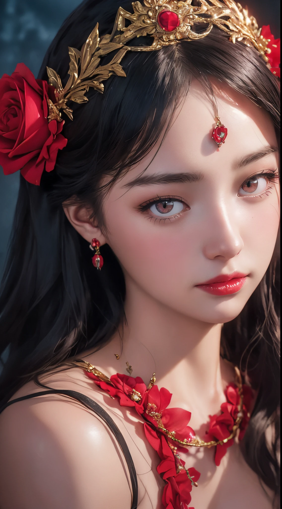 Dynamic portrait of A beautiful Slavic princess, fantasy beauty features, seductive look,, glowing Red eyes, wearing a rose tiara and jewels,covered in floral Glowing red crystal filigree, hyperdetailed,bold and majestic look,Himawari Wa Yoru Ni Saku | Character | Asumi Hisato