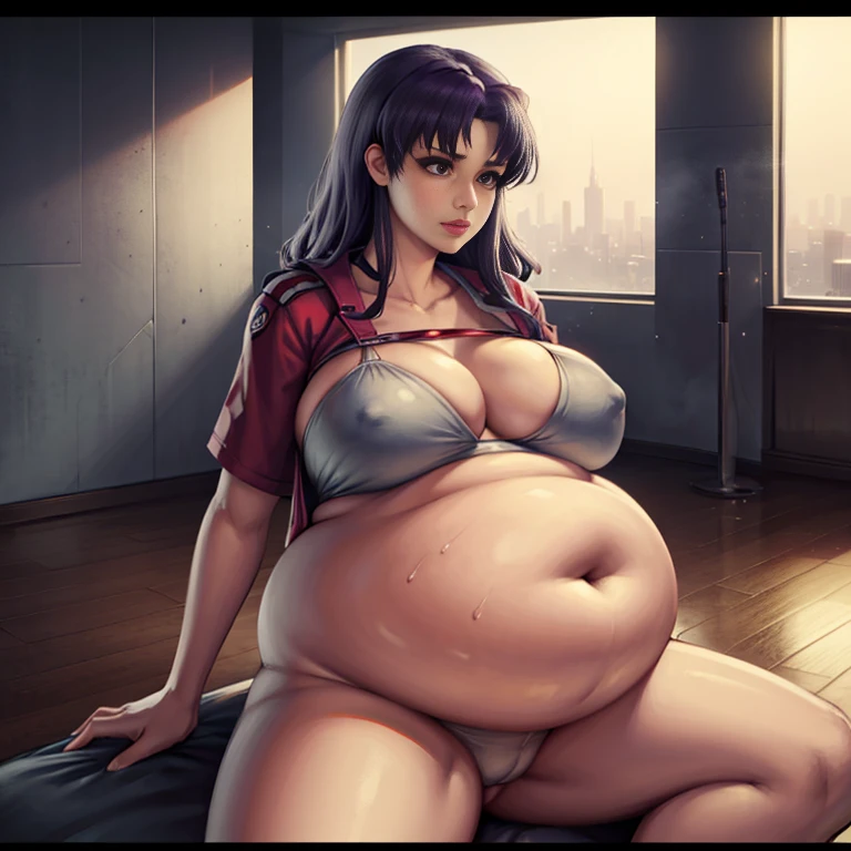 art by kipteitei, 1girl, dark purple hair, misato katsuragi from the anime evangelion, big plump belly, huge belly,pretty face, nose, lips, beautiful eyes, (best quality, masterpiece, 4k, sharp focus), professional photograph, sharp focus, dramatic, award winning, cinematic lighting, octane render, unreal engine, volumetrics dtx,