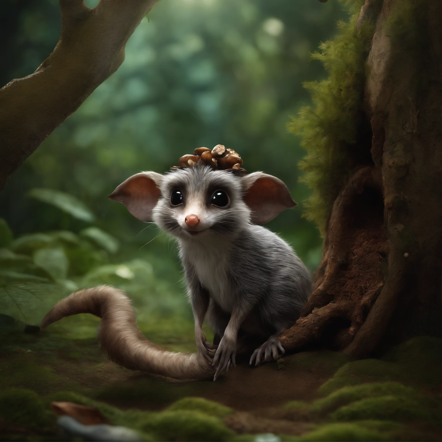 gremlin, mole-like, bright silver and brown, long tail, large ears, covered with silver fur, holding an acorn in his paws, water, Burrow, tree roots stick out from the walls in the hole, mushrooms sticking out of the ground, Best Quality, Masterpiece, in style of dark fantasy art,