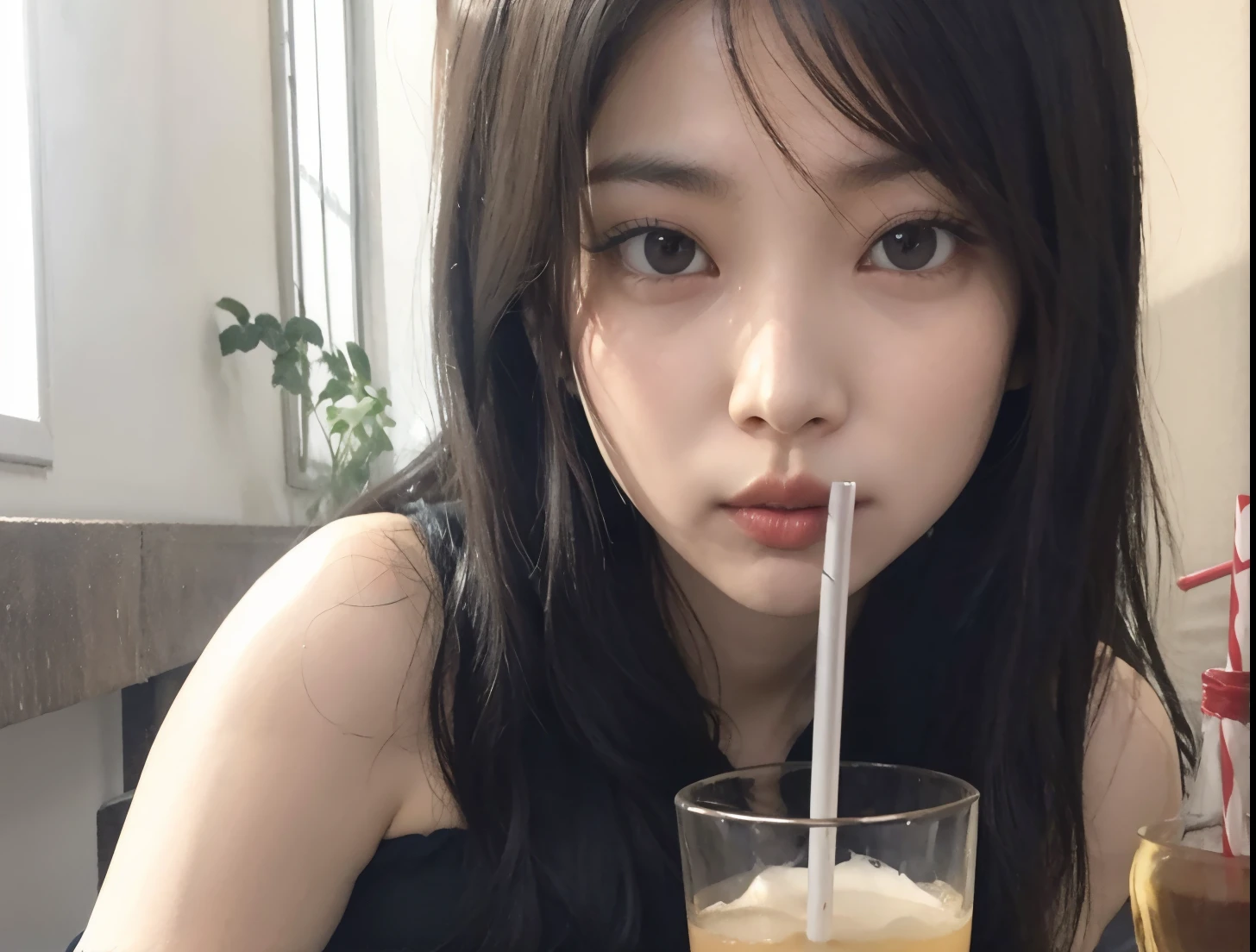 there is a woman drinking a drink with a straw in her mouth, Shikami, Jinyoung Canela, Junko Enoshima, Chiho, dilraba dilmurat, Sui Ishida com cabelo preto, Ulzzang, Jaeyeon Nam, Shiori Teshirogi, Heonhwa Choe, Kimi Takemura, com bonito - fino - rosto