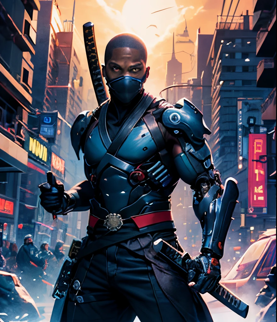 Black guy cyborg Ninja made of crystal carrying a katana