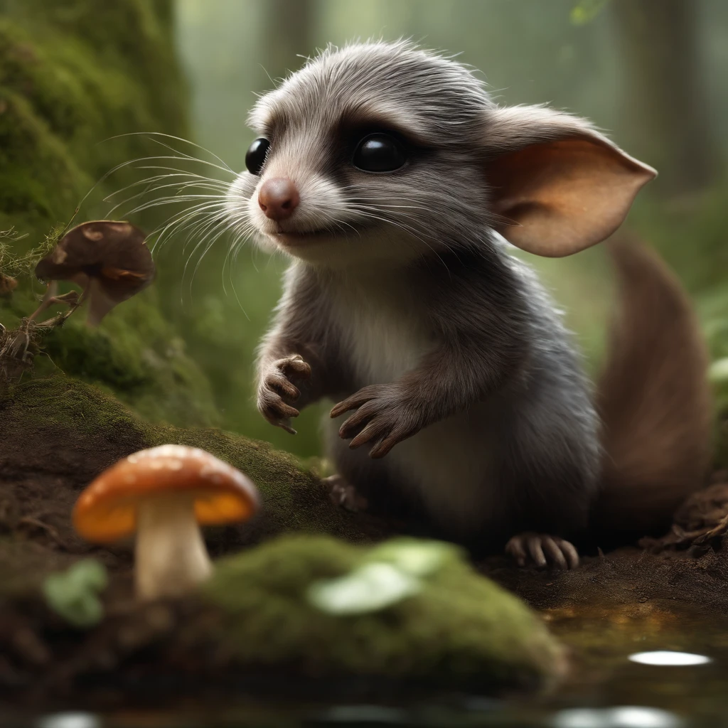 gremlin, mole-like, bright silver and brown, long tail, large ears, covered with silver fur, holding an acorn in his paws, water, Burrow, tree roots stick out from the walls in the hole,  mushrooms sticking out of the ground, Best Quality, Masterpiece, in style of dark fantasy art,
