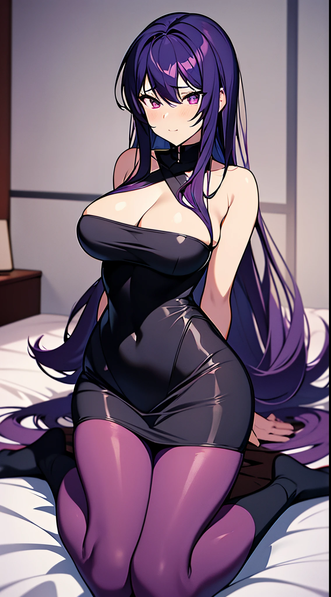 kusanagi motoko！！！！Purple colored hair, red eyes,Anime style woman wearing black tights，kneeling on a bed， anime《Fantasma na Concha》Curly, kusanagi, Misato Katsuragi, Inspired by Morikage Hisumi, anime, Fantasma na Concha, Ghost in the Shell style,seductive anime girls, Anime cute art style, smooth anime cg art, thicc, Anime girl wearing black dress, photorealistic anime girl rendering, ECCHI anime style, realistic anime 3D style, attractive anime girls, noire moody scene, [ 4K digital art ]!!
