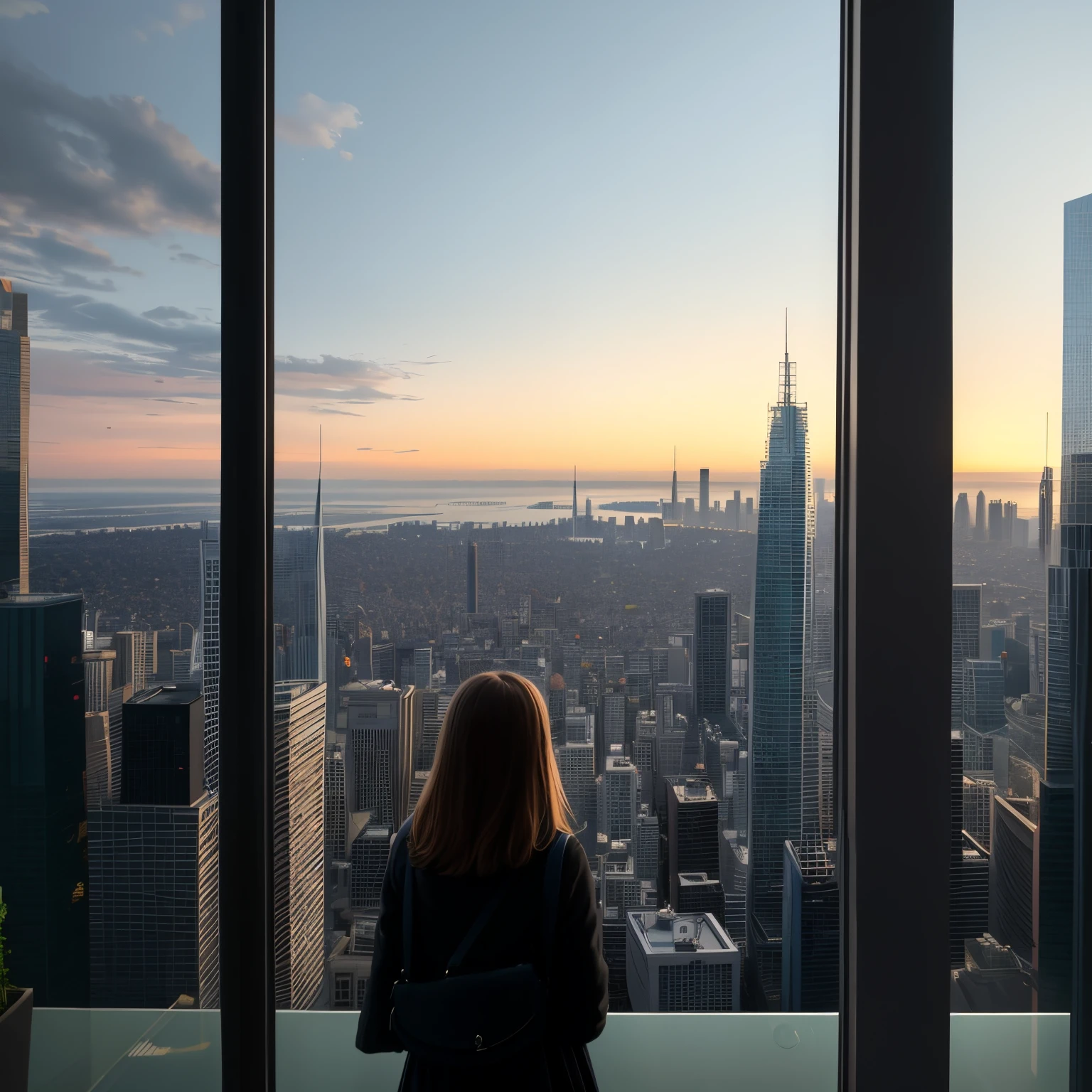 Photo of 1girl standing next to the large glass wall, See the city through the glass