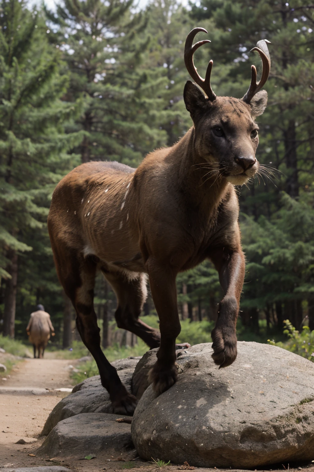 A deer escapes a panther, the panther leaps with its claws out off of a rock, setting is in a pine forest,