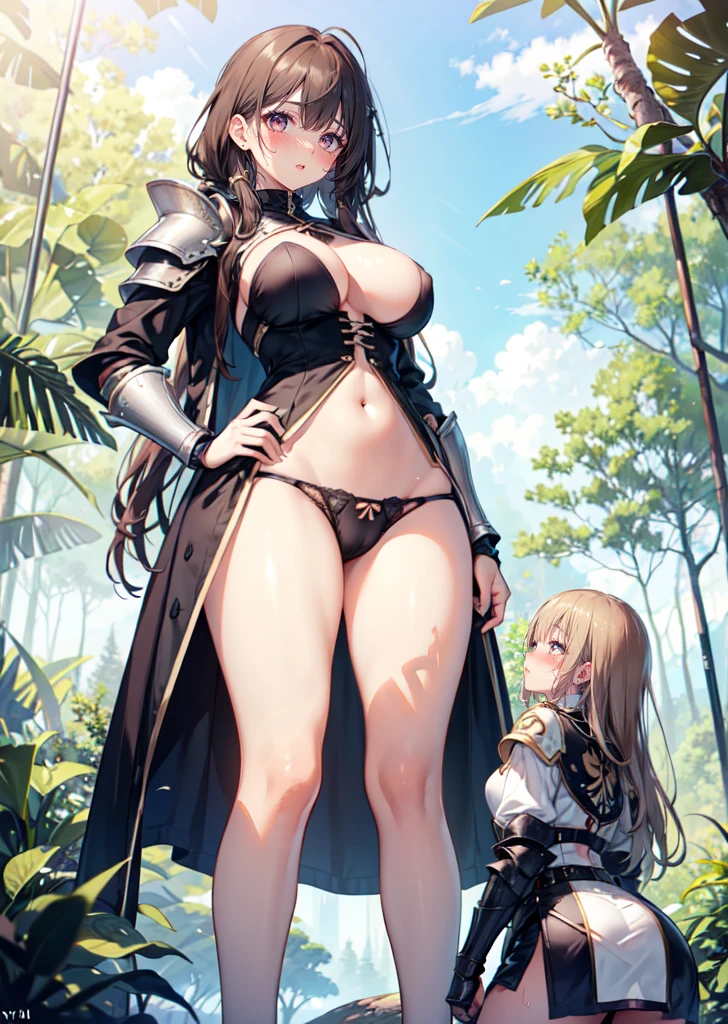 fantasy forest, (fantasy:1.2), (forest:1.1), (yuri:1.5), looking at another, (2girls:1.7), (giantess:1.2), (height_difference:1.5), (size_difference:1.3), (giantess:1.1), forest background, nature environment, she is much taller than her, a giantess next to a girl, a giantess looking down at a girl, a giantess, (tall woman:1.4), (adult woman: 1.2), large breasts, navel, panties, happy, (rear_end:1.2), (very tall: 1.1), armor, gambeson, shoulderplates, from below, girl next to a giantess, woman, tiny breasts, armor, gambeson, shoulderplates, naked, long hair, embarrassed, scared, brown hair, poor clothing, dirty clothing, (long_hair:1.3), big breasts, cameltoe, sweaty, catgirl