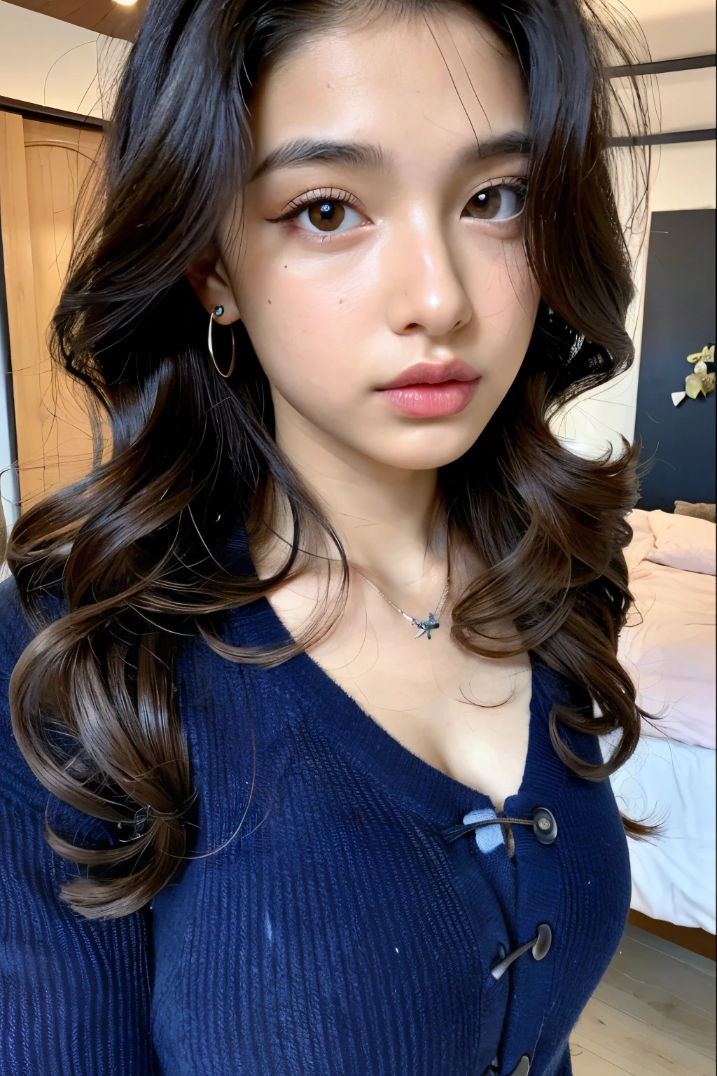 ((best quality)), ((masterpiece)), (detailed), perfect face, ager 19 year old girl ,surreal, indian girl, (high resolution), (8K), ((extremely detailed)), (best illustration),beautiful detailed round eyes , (best quality), (super detailed), (masterpiece), (detailed face), best quality, big breasts ,wearing beautiful blue traditional , winter clothes round sweater tide leggy , with beautiful earing , Seductive body ,long black curly hair ,Super chic face detail, Super detailed lips)), ((Detailed eyes, standing, showing full body, in her room ,