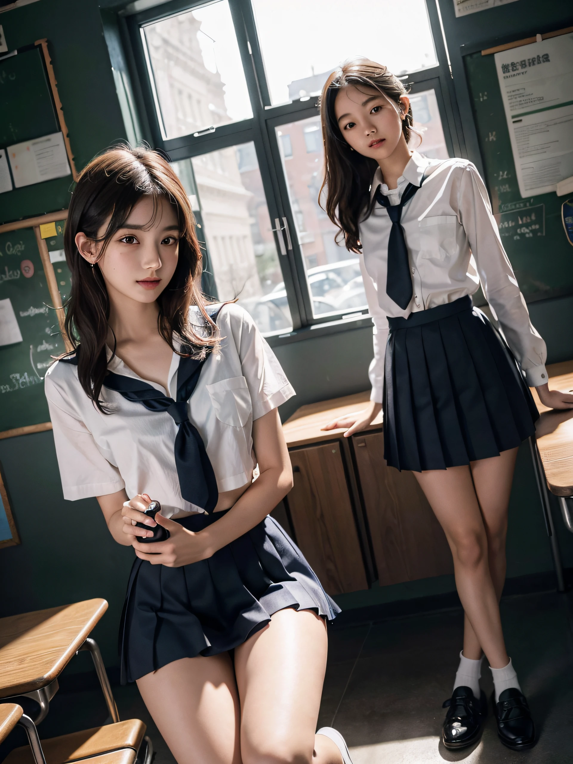 absurderes, Raw photo, Extremely delicate and beautiful, A smile、12age、hi-school girl、masutepiece, Best Quality, Ultra High Resolution, 16 K, hyper realisitic, Ultra-detailed, (Perfect Anatomy), super detailed skin, Perfect figure, Very detailed CG 8k wallpaper, in her 20s, Very slim body, Narrow waist, Very small head, Very small face, Delicate facial features, tear moles, Earring, thin legs, (very massive round chest), ((3 girls)), Full body shot, Short hair, Wavy Hair, (((School uniform))),
