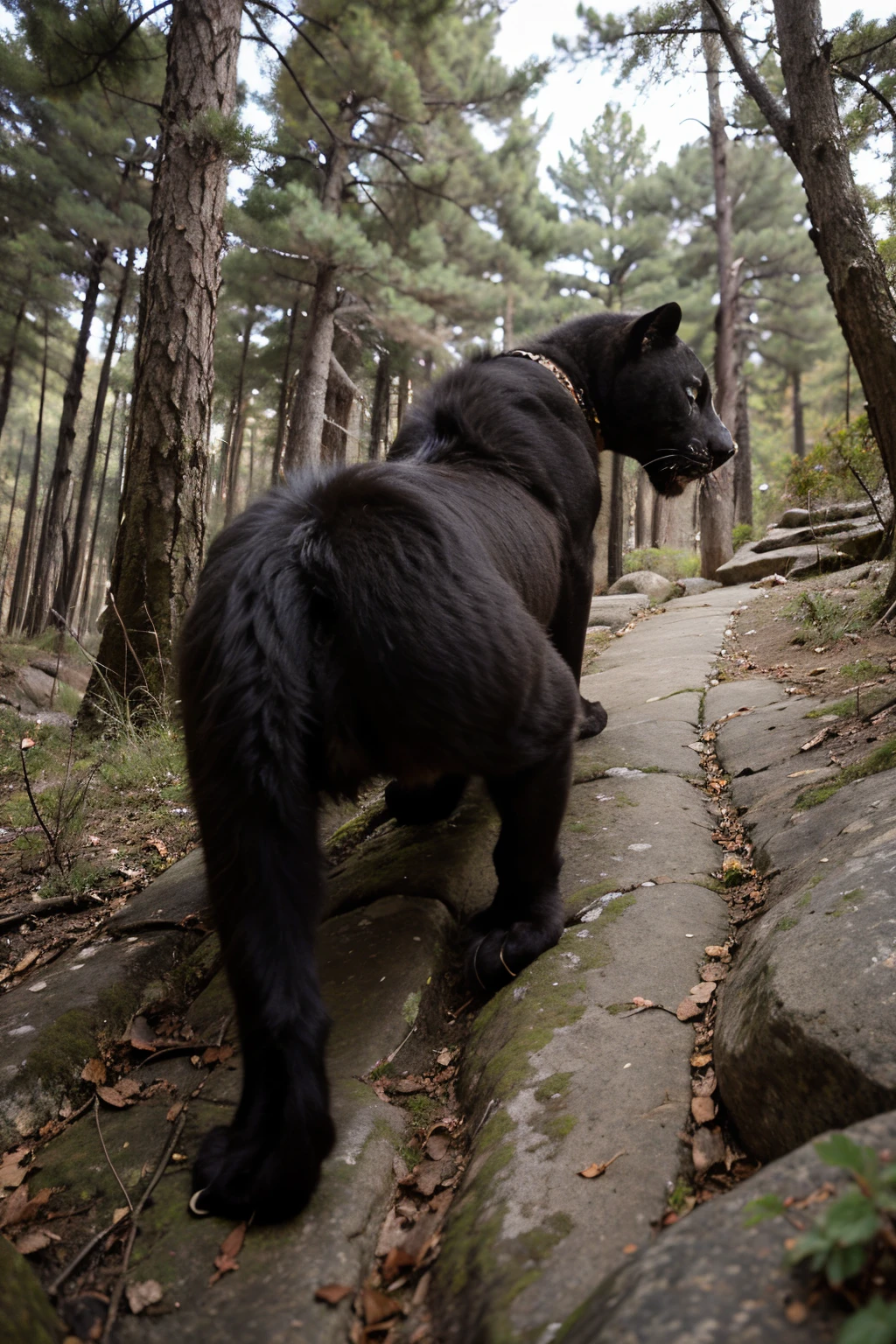 A panther pounces from a rock above a hiking trail, side view looking down, beneath the panther is a buck oblivious, setting in a pine forest