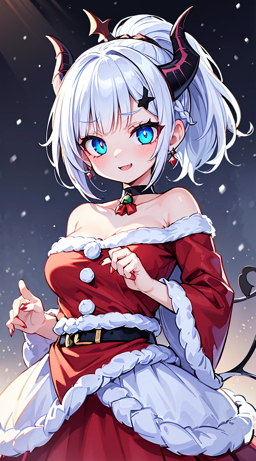 ((( (Winter background), (Snowing), (Christmas theme), (Slutty Santa outfit), ))) BLACKLIGHT, ((NSFW)), ((Medium Boobs)), realistic art, extremely delicate and beautiful, ultra-detailed, (1girl), ((Blue eyes)), floating, detailed light, illustration, dynamic angle, depth of field, ((((milf)))), girly, ((Blue and White hair, multicoloured hair, Blue highlights hair, (Ponytail), hair ornament, hair flower, flower, makeup, braid, smile)), demon eyes, fangs, pale white skin, (((best quality, tall girl, (skindentation), (blur background:0.6), (casual yet stylish, ((Demon Horns)), ), gorgeous, (short hair:1.5), soft lighting, wind, (front light:1.5), surprised, choker, smile, jewelry, earrings))), (ultra high res, best quality,), (8k, raw photo, best quality, masterpiece), technological sense, best quality, masterpiece, illustration,CG ,unity ,wallpaper, official art, Amazing, finely detail, an extremely delicate and beautiful,extremely detailed, highly detailed, sharp focus,rich background, (real person,photograph), ((high detailed skin)), ((( , (crazy eyes:1.3), (wide-eyed:1.2), (glowing eyes), (Demon) ))), (((a close up of a person with a weird face and nails, gothic maiden anime girl, gothic - cyberpunk, cyberpunk horror style, gothic art style, detailed digital anime art, gothic art, demon anime girl, gothic girl face, anime style 4 k, dark art style, anime cyberpunk art, gothic aesthetic, 18 - year - old anime goth girl, gothic horror vibes)))