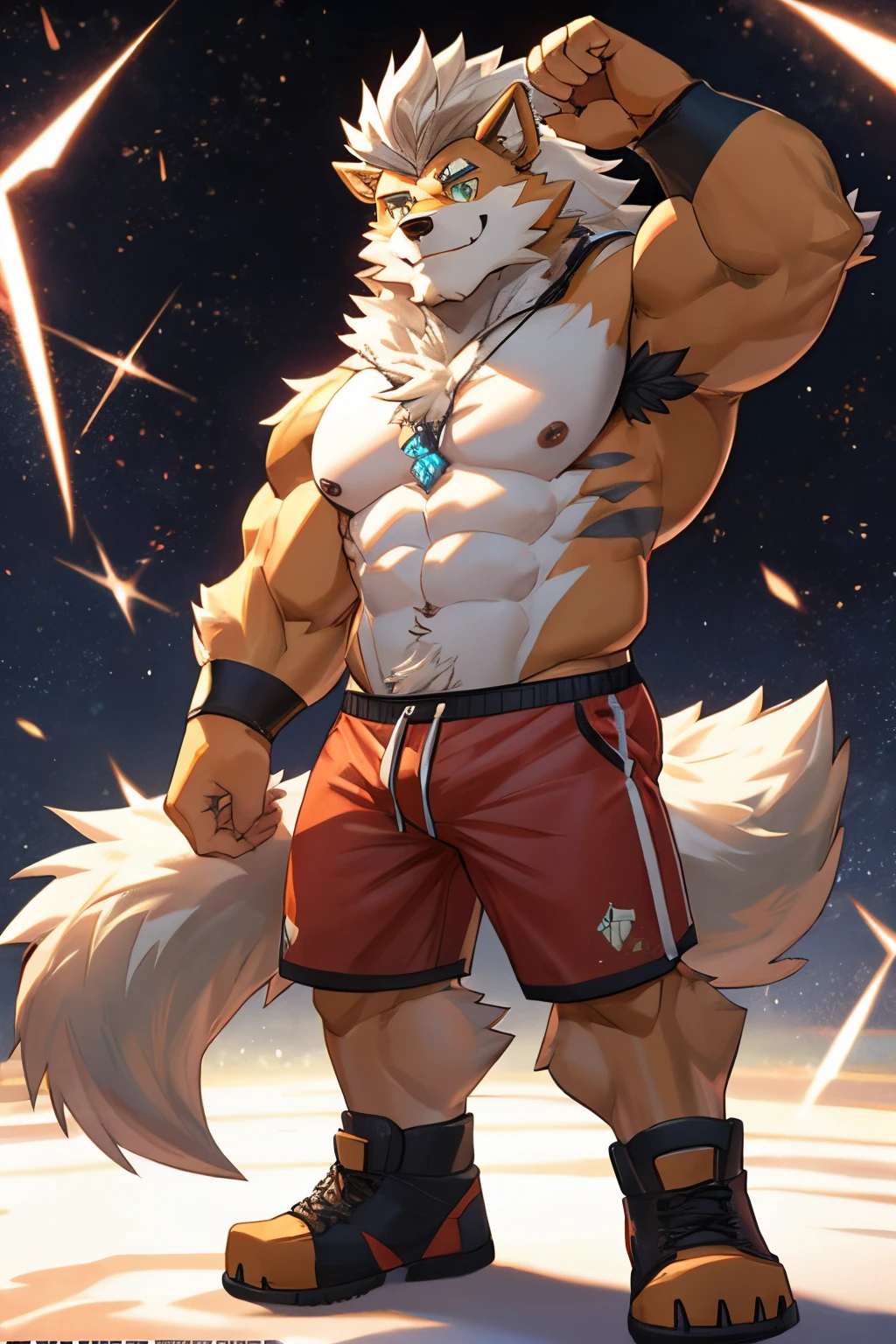 A hulking arcanine with green eyes is smiling and wagging his tail while wearing red shorts while T posing in a white void with no shoes or shirt