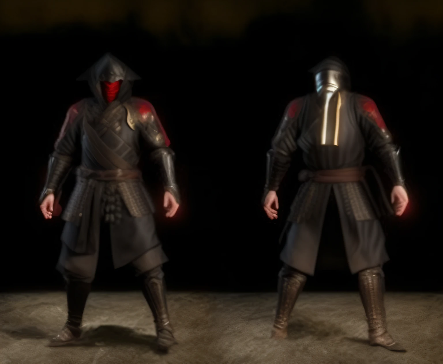 un primer plano de dos poses diferentes de un hombre vestido de negro, MK Ninja, Uniforme negro dorado, Armadura reflejada de color fuego negro, Traje ninja, Estilo de Mortal Kombat, inspired by Kanō Hōgai, epic ninja suit, Traje de vuelo samurai, Personaje de Mortal Kombat, flowing robes and leather armor, Armadura de color negro y rojizo, Uniforme blindado negro