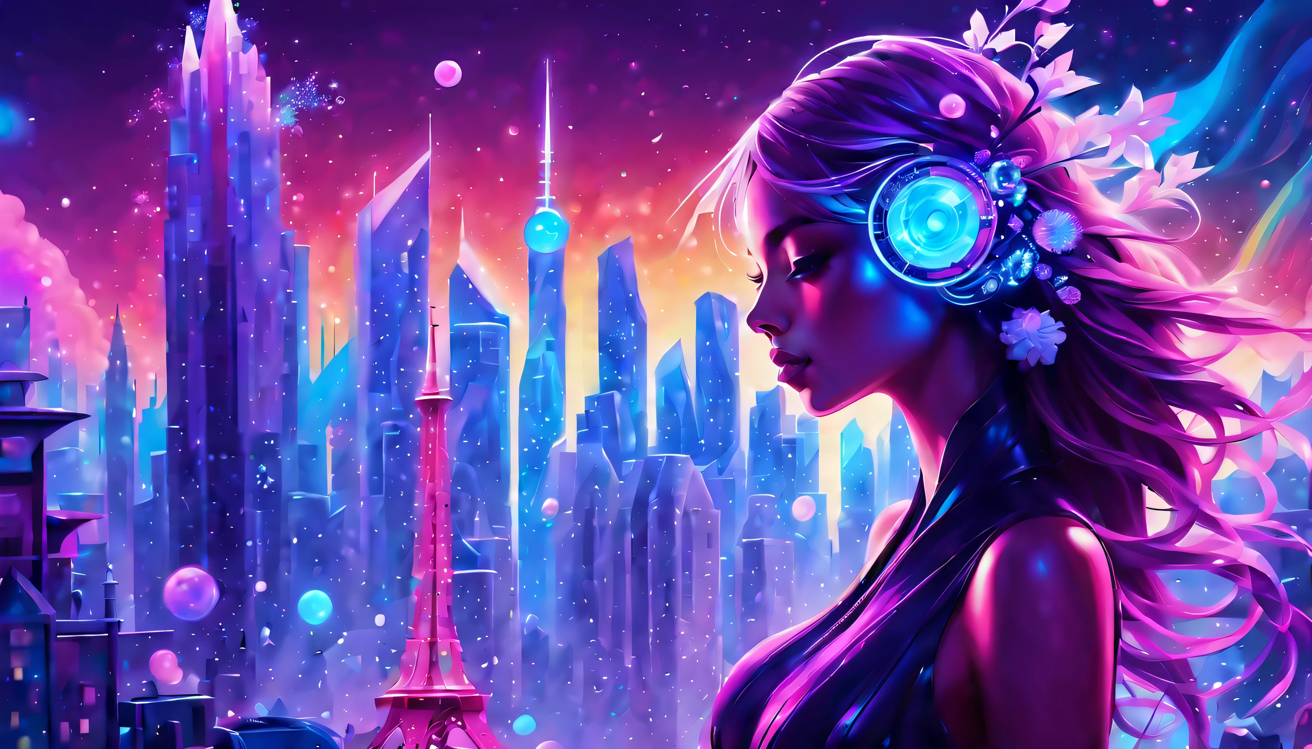 A mesmerizing surrealist utopian world, Floating within a futuristic city skyline while being decorated, With a sophisticated interface, Steampunk storm neon glows with luminous patterns, Impressive images that capture the essence, high?High-tech anonymous glowing kaleidoscope pod, Possesses extraordinary power and an ethereal presence., Artistic depiction that combines digital illustration and realistic abstract art, Add cute wolf 3D illustration elements for your product design, Displaying intricate details with great care, Vibrant, rich colors make your screen shine, You will be drawn into the mysterious worldview and characters., Awe-inspiring futuristic abilities and awe-inspiring auras, glowing holographic graffiti, Striking contrast between electric blue, Pulsating energy, Marvel at intricate brushstrokes and realistic renderings, magnifica, amazingly delicate beauty, (((All captured with sharp focus:1.3))), (((Beautiful snow rendered in stunning 32k resolution:1.3))), (((Cityscape detailed concept art:1.2))), Insanely beautiful illustrations,with (((Stunning beauty utopian world garden illustration:1.3))), An aristocratic landscape with many flower petals dancing, A brightly glowing jellyfish-like plant, neo gothic angel, cherry blossom, ultra wide lens, Photo, Stunning bright colors and intricate details, Visualize stunning vector scan graffiti art, Stunning bright colors and intricate details, Highlights the beauty and fierce female figure, gorgeous hair shine. Diagonal angle adds unique perspective, highly detailed render, Showcasing ultra-high quality, Ultra-detailed style, Professional artwork, hightquality, intricate detailes, Crystal clear images, magic mystery touch, Visual intensity,