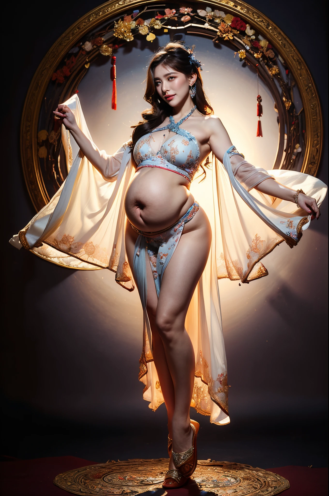 ancient chinese phoenix costume、Luxurious hair ornaments、see -through、Big belly、Pregnant Woman、Wearing silk cloth、Beautiful dances、1 girl in、(full body Esbian:1.5)、独奏、Hanfu、flower  field、florals、(white:1.3)(realisitic:1.4)、Zen entanglement、mandalas、Entanglement、Official art、Unified 8K wallpapers、ultra-detailliert、Beautiful and beautiful、​masterpiece、top-quality、(dynamic ungle:1.4)、glistning skin、(Colorful flashes float:1)The most beautiful chaotic shapes、Elegant and cruel design、bright colour、romantic depth of field
