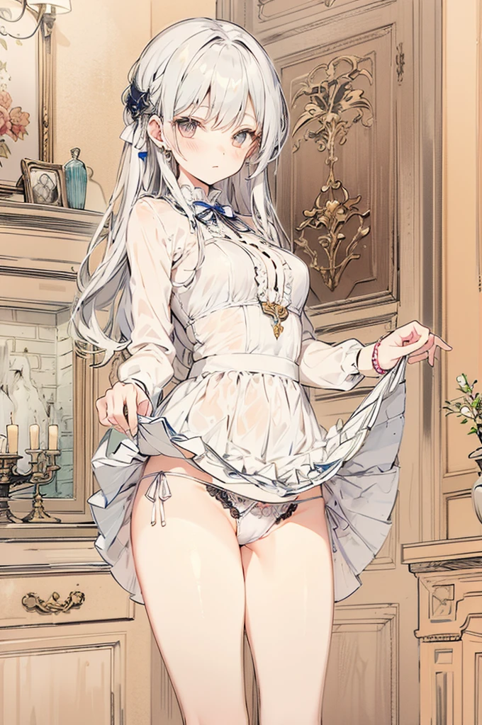 Skirt lift, pale apricot colored panties decorated with white lace, side tie panties, silver hair with slight pinkish tinge