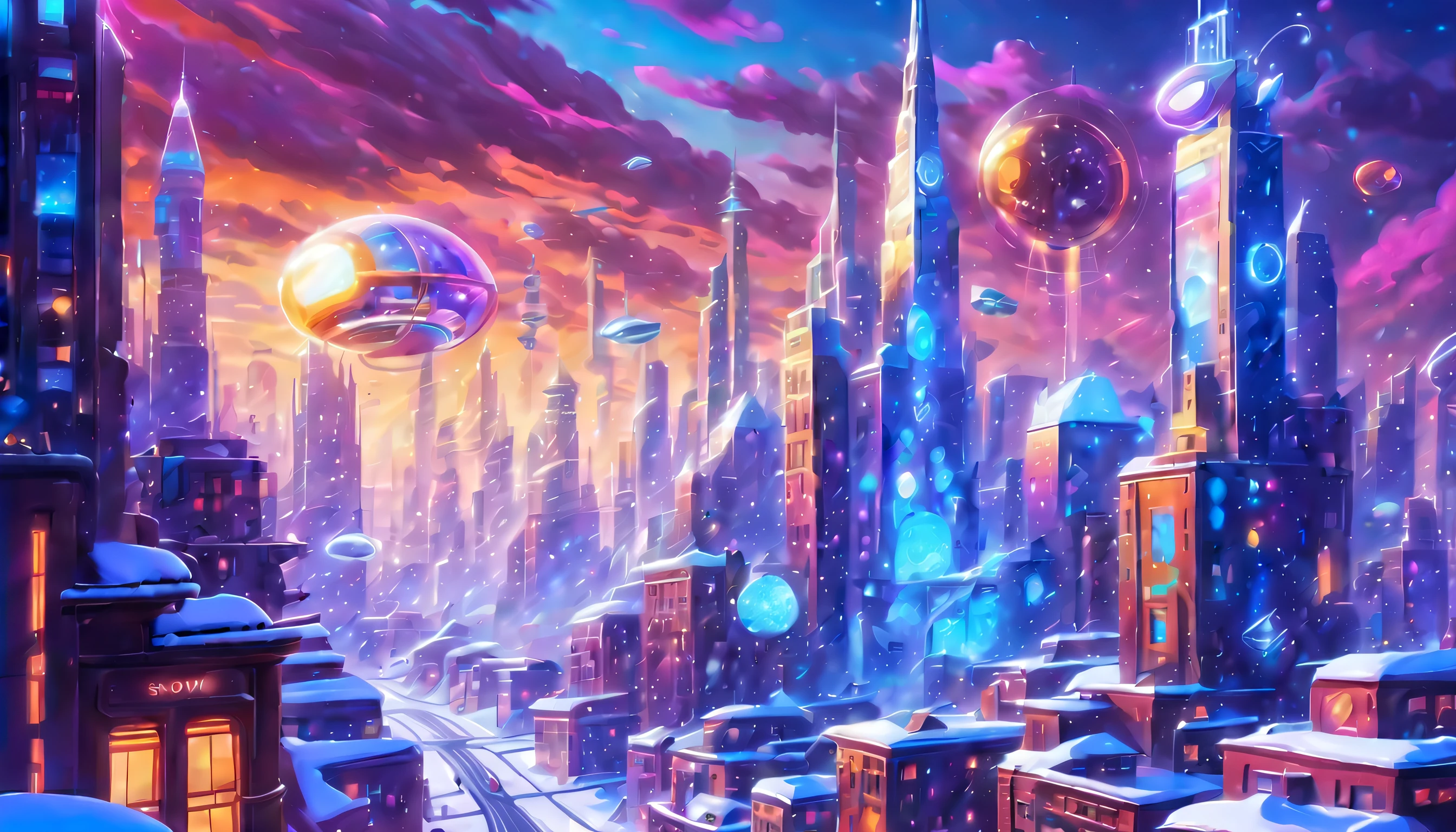 A mesmerizing surrealist utopian world, Floating within a futuristic city skyline while being decorated, With a sophisticated interface, Steampunk storm neon glows with luminous patterns, Impressive images that capture the essence, high?High-tech anonymous glowing kaleidoscope pod, Possesses extraordinary power and an ethereal presence., Artistic depiction that combines digital illustration and realistic abstract art, Add cute wolf 3D illustration elements for your product design, Displaying intricate details with great care, Vibrant, rich colors make your screen shine, You will be drawn into the mysterious worldview and characters., Awe-inspiring futuristic abilities and awe-inspiring auras, glowing holographic graffiti, Striking contrast between electric blue, Pulsating energy, Marvel at intricate brushstrokes and realistic renderings, magnifica, amazingly delicate beauty, (((All captured with sharp focus:1.3))), (((Beautiful snow rendered in stunning 32k resolution:1.3))), (((Cityscape detailed concept art:1.2))), Insanely beautiful illustrations,