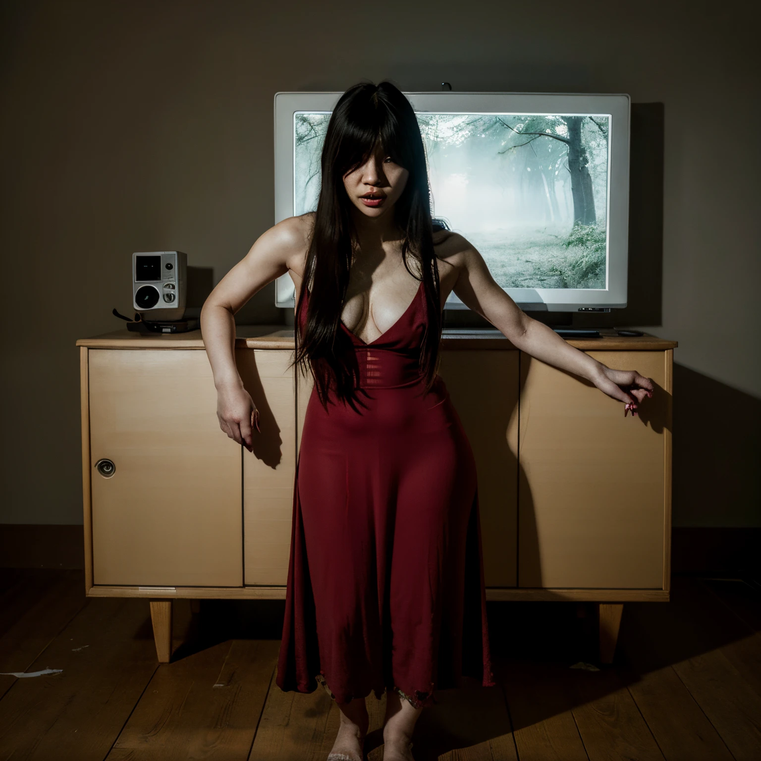 (masterpiece:1.2, Best Quality:1.2), 32K HDR, High resolution, Solo, 1girl in, (Ultra-realistic portrait of Sadako Yamamura, the ring_Japan horror movies), ((Black hair, Long hair, hair over eyes, Long bangs)), (Red dress:1.3, pale skin, Perfect slim body:1.1), just standing, medium breasts, Detailed skin texture, Detailed face, ((Dark atmosphere:1.2, Dark living room:1.2, in the abandoned house, in Japan)),