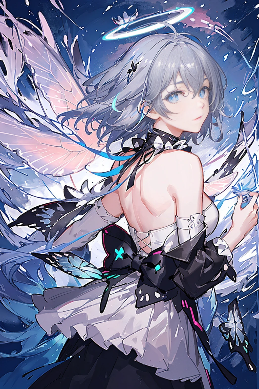 (Highest picture quality),(Master's work), (ultra-detailed),(Detailed eye description:1.2),(floating colorful wind:1.4),(upper body:1.5),(manny colorful butterfly:1.3),(clouds sea:1.4),(lens flare:1.3),(grim expression:1.5),(movie poster:1.0),(Tarot border:1.0),a girl dress,(red armor:1.3), , (eyelashes:1.2), formal,military,skirt,(blue ribbon:1.2),(water magic:1.2),(medium breasts),(thigh bands),(grey hair:1.3),(short hair:1.6),the portrait is centered,(from below:1.1),(close-up:1.2),(looking back:1.5),(chaotic geometric images:1.3),(nagative space:0.8), [[negative space]] ,(drawing board:1.3),(halo:1.3),(ether colorful ink flowing:1.3),(grey eyes), ((water, reflection, (neon lights:1.3))), ((colorful, multicolored)), , ahoge, sky, shiny,  ((solo)),