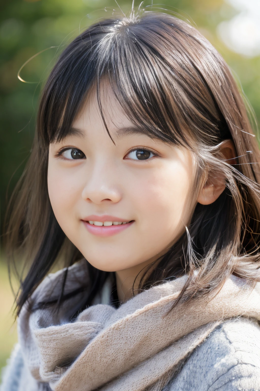 ((Close-up of face, no-makeup)), (realisitic, (Photorealsitic:1.4), ultra-details, Highest Details Skins, top-quality, masterpiece, Ultra high resolution, Raw photo), 
Cute Japanese girl, 17-years-old, hi-school girl, young girl, 1girl, beautiful bangs, beautiful double eyelids, beautiful drooing eyes, beautiful big black solid circle eyes, Japanese style cute face, smile, Charming, purity, Straight face, double tooth, looking at Viewerx Realistic skin type, Thick muffler, Grey muffler, fluffy hair, Red cheeks, beautiful long eyelashes