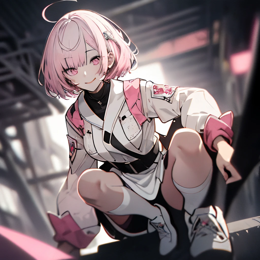 Full body, White One-Piece Uniform,(masutepiece:1.2, Best Quality), (finely detailed beautiful eye: 1.2), (beautifull detailed face), High contrast, (Best Illumination, extremely delicate and beautiful), ((Cinematic Light)), Dramatic light, Intricate details,red eyes, very Bigger breasts, Belt under the chest, White sailor suit, White skirt,pale gray hair, (pink back ground:1.5), Short-cut hair, accurate hands, Look at me and smile, ruddy skin, hi-school girl,