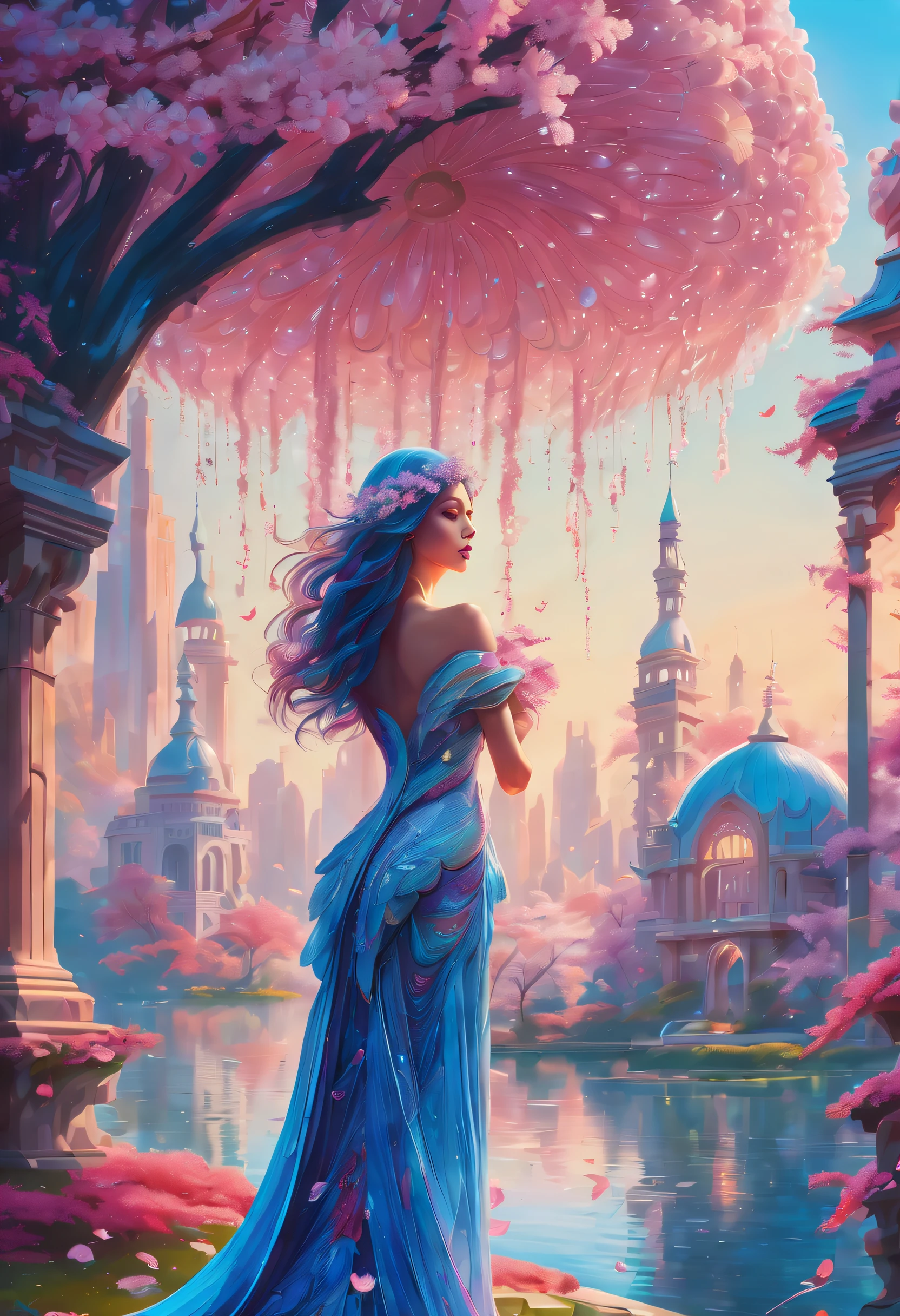 (((Stunning beauty utopian world architecture with garden illustration:1.3))), An aristocratic landscape with many flower petals dancing, A brightly glowing jellyfish-like plant, neo gothic angel, cherry blossom, ultra wide lens, Photo, Stunning bright colors and intricate details, Visualize stunning vector scan graffiti art, Stunning bright colors and intricate details, Highlights the beauty and fierce female figure, gorgeous hair shine. Diagonal angle adds unique perspective, highly detailed render, Showcasing ultra-high quality, Ultra-detailed style, Professional artwork, hightquality, intricate detailes, Crystal clear images, magic mystery touch, Visual intensity, Amazing attention to detail and a wide variety of styles and variations,